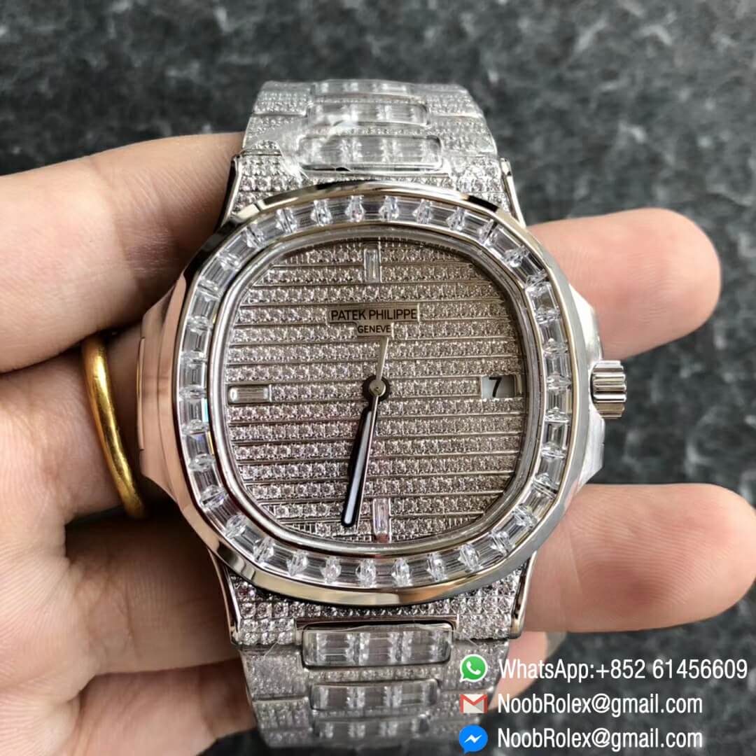 Noob Watch Time DMF V3 Super Clone Nautilus Jumbo 5711 Full Diamonds Paved on Dial Case and Bracelet Square Diamonds Bezel A324 01