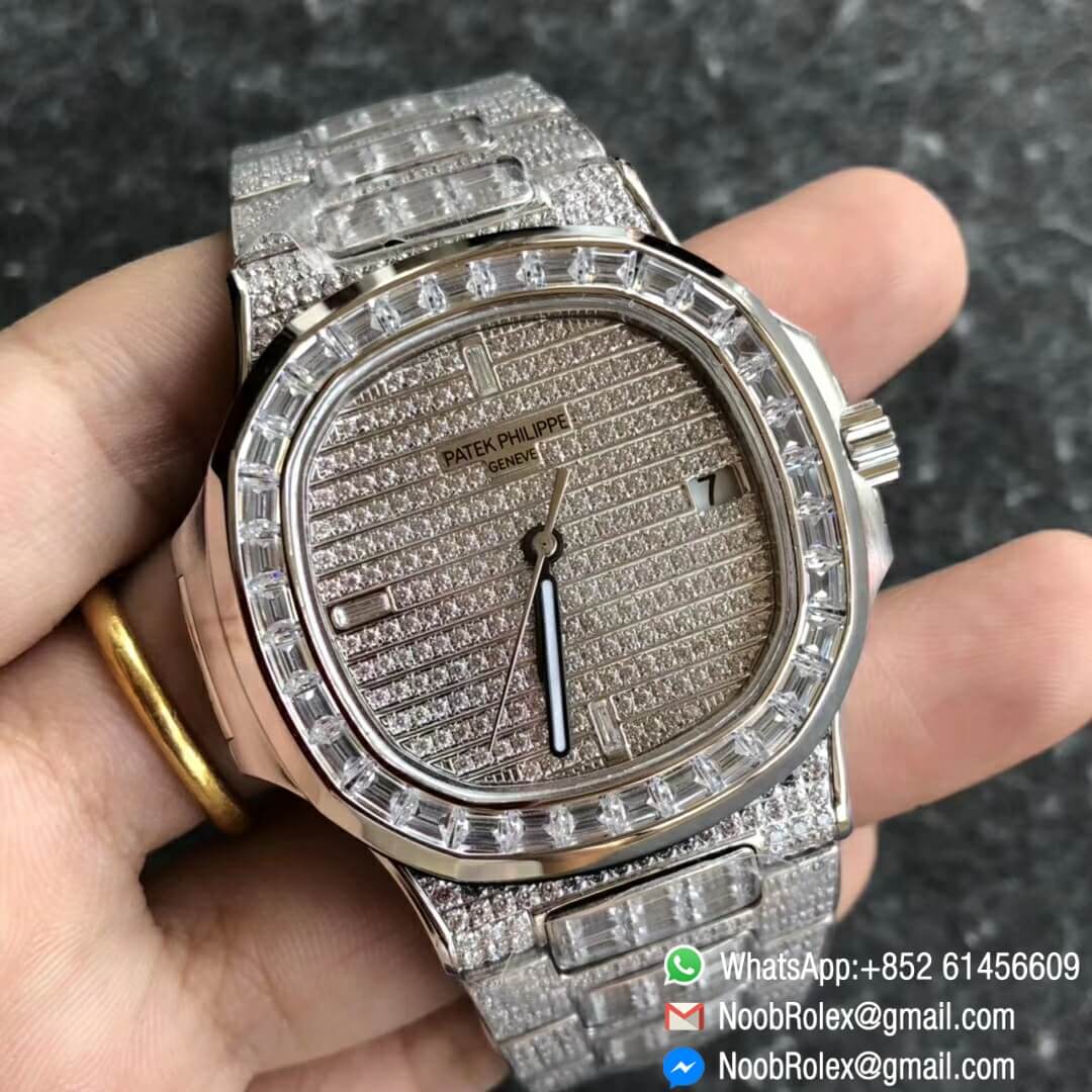 Noob Watch Time DMF V3 Super Clone Nautilus Jumbo 5711 Full Diamonds Paved on Dial Case and Bracelet Square Diamonds Bezel A324 02