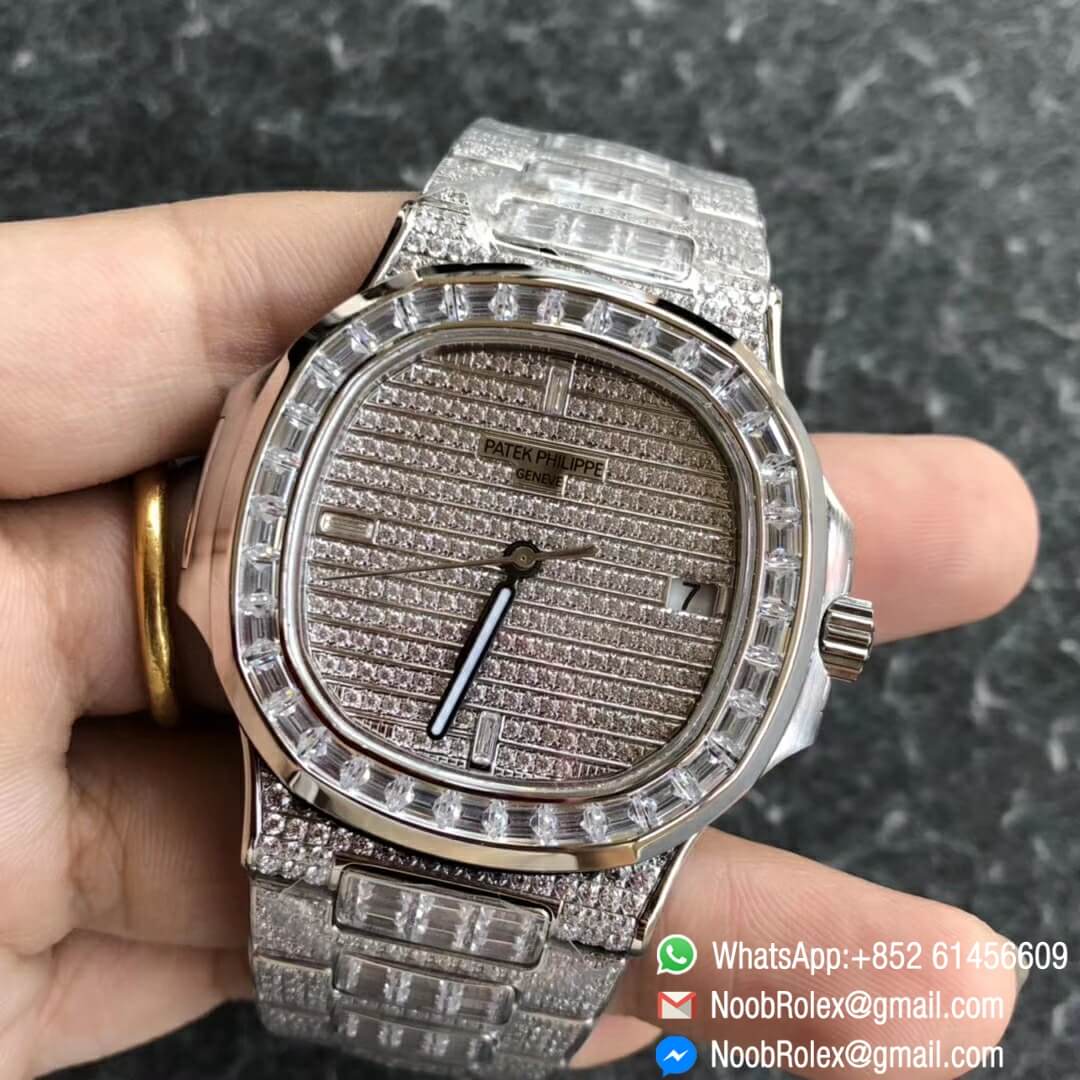 Noob Watch Time DMF V3 Super Clone Nautilus Jumbo 5711 Full Diamonds Paved on Dial Case and Bracelet Square Diamonds Bezel A324 03
