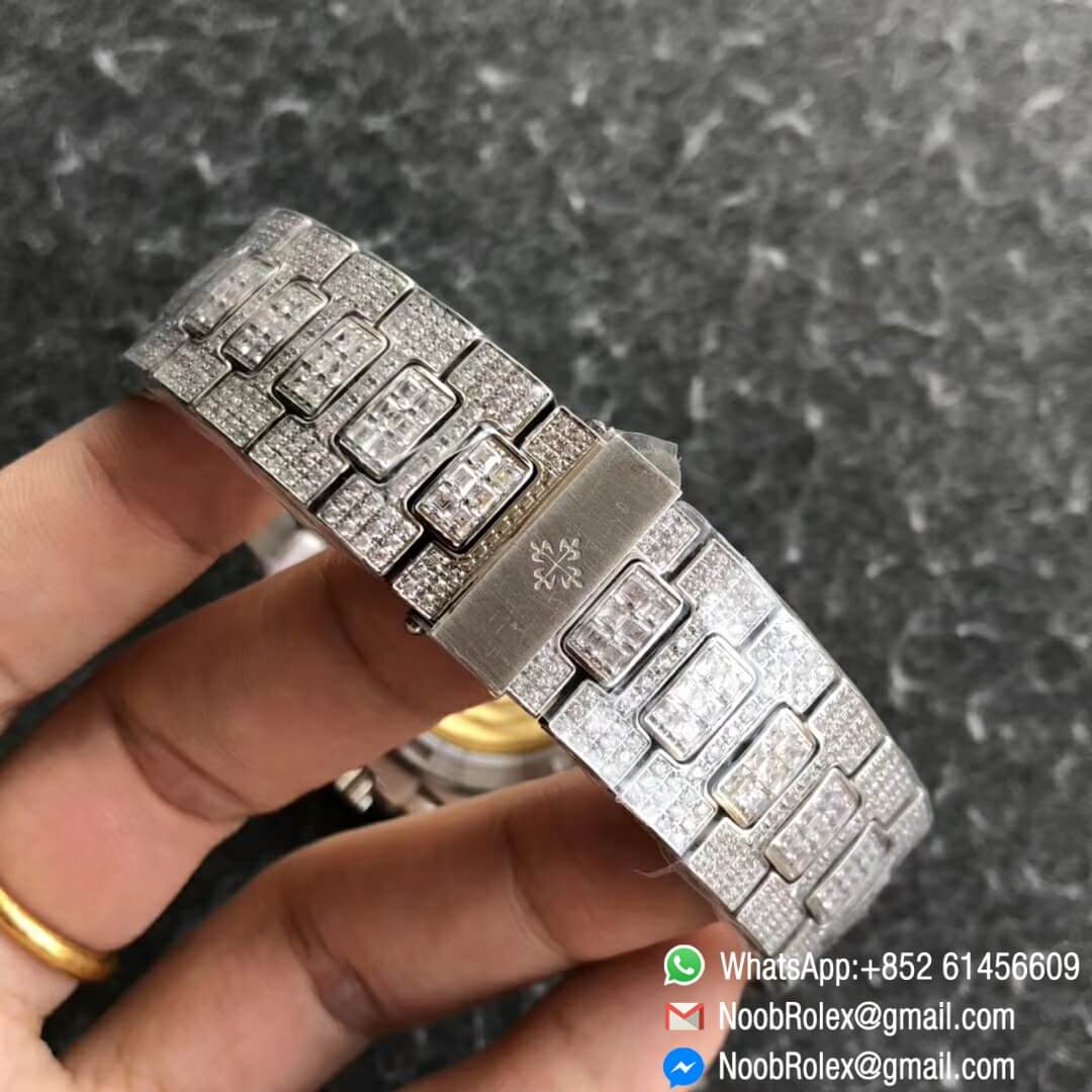 Noob Watch Time DMF V3 Super Clone Nautilus Jumbo 5711 Full Diamonds Paved on Dial Case and Bracelet Square Diamonds Bezel A324 06
