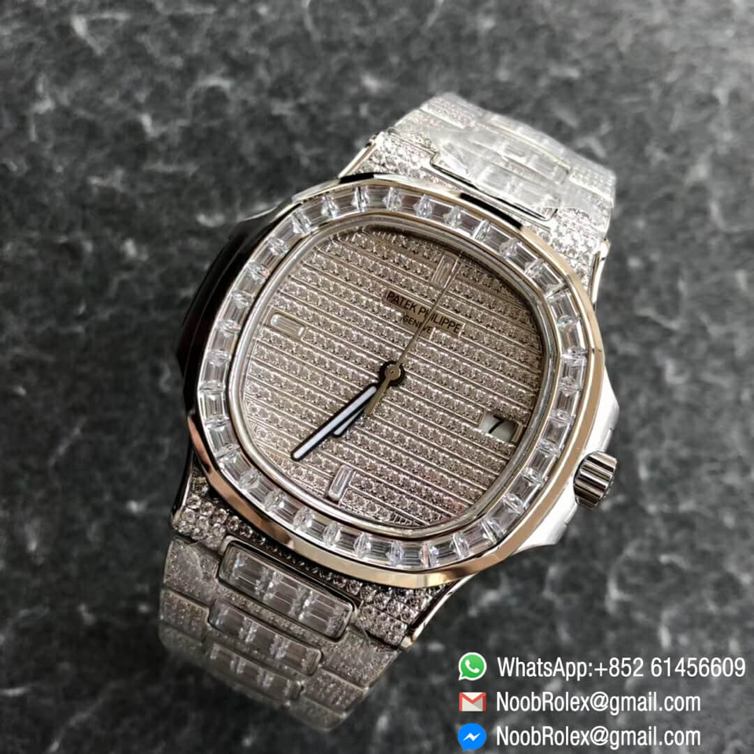 Noob Watch Time DMF V3 Super Clone Nautilus Jumbo 5711 Full Diamonds Paved on Dial Case and Bracelet Square Diamonds Bezel A324 09