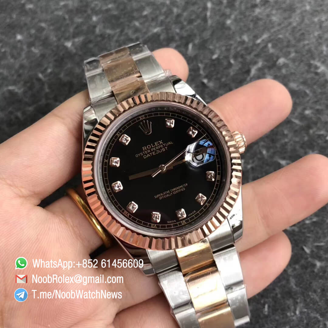 Noob Watch Time GMF SuperClone DateJust 126331 41mm Black Dial with Diamonds Indexes 18K Rose Gold Bezel Oystersteel and 18K Rose Gold Bracelet SA3235 02