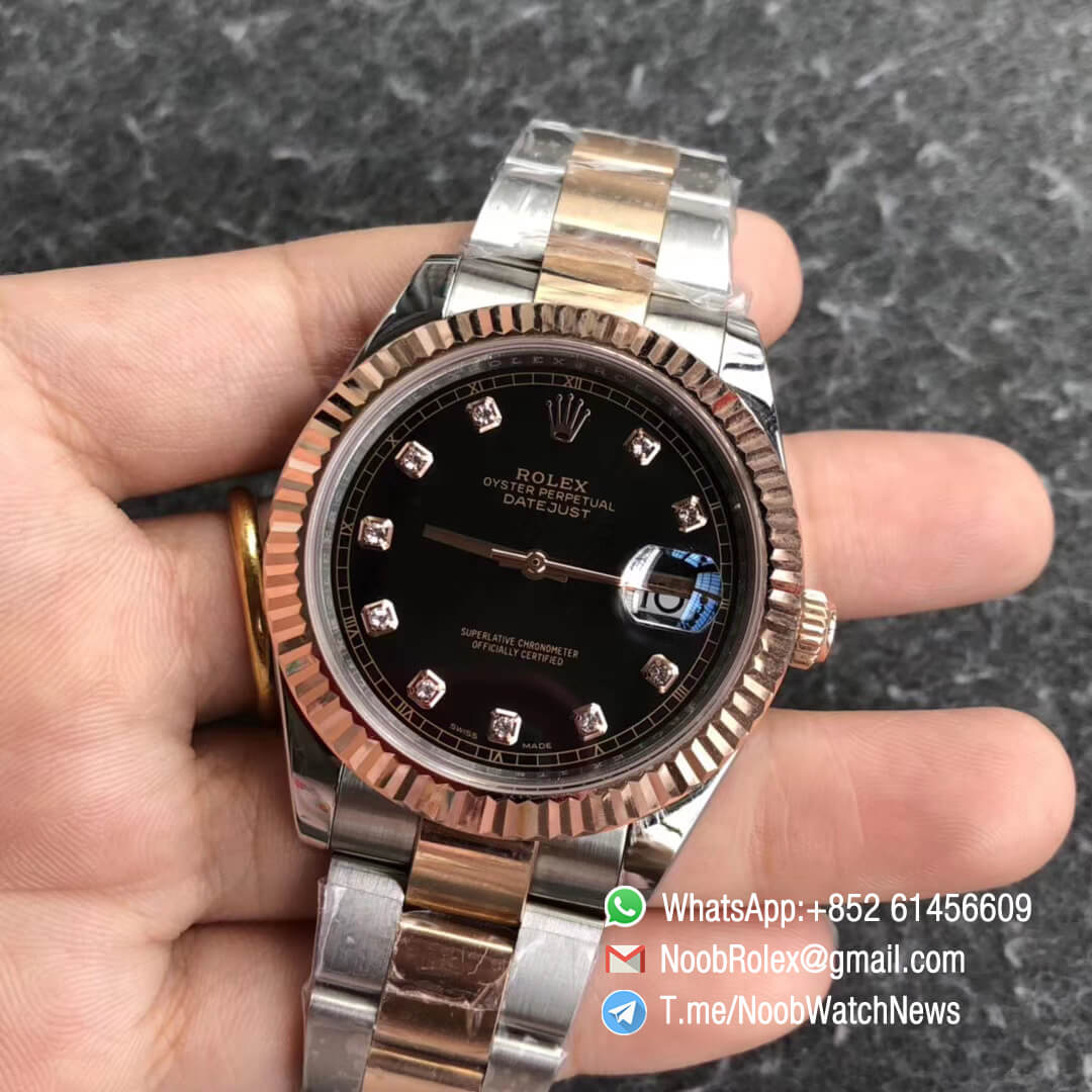 Noob Watch Time GMF SuperClone DateJust 126331 41mm Black Dial with Diamonds Indexes 18K Rose Gold Bezel Oystersteel and 18K Rose Gold Bracelet SA3235 03
