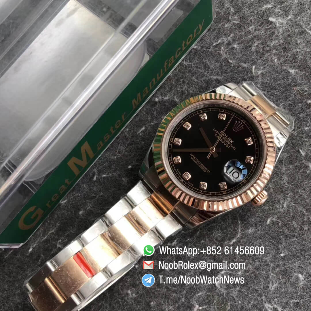 Noob Watch Time GMF SuperClone DateJust 126331 41mm Black Dial with Diamonds Indexes 18K Rose Gold Bezel Oystersteel and 18K Rose Gold Bracelet SA3235 09