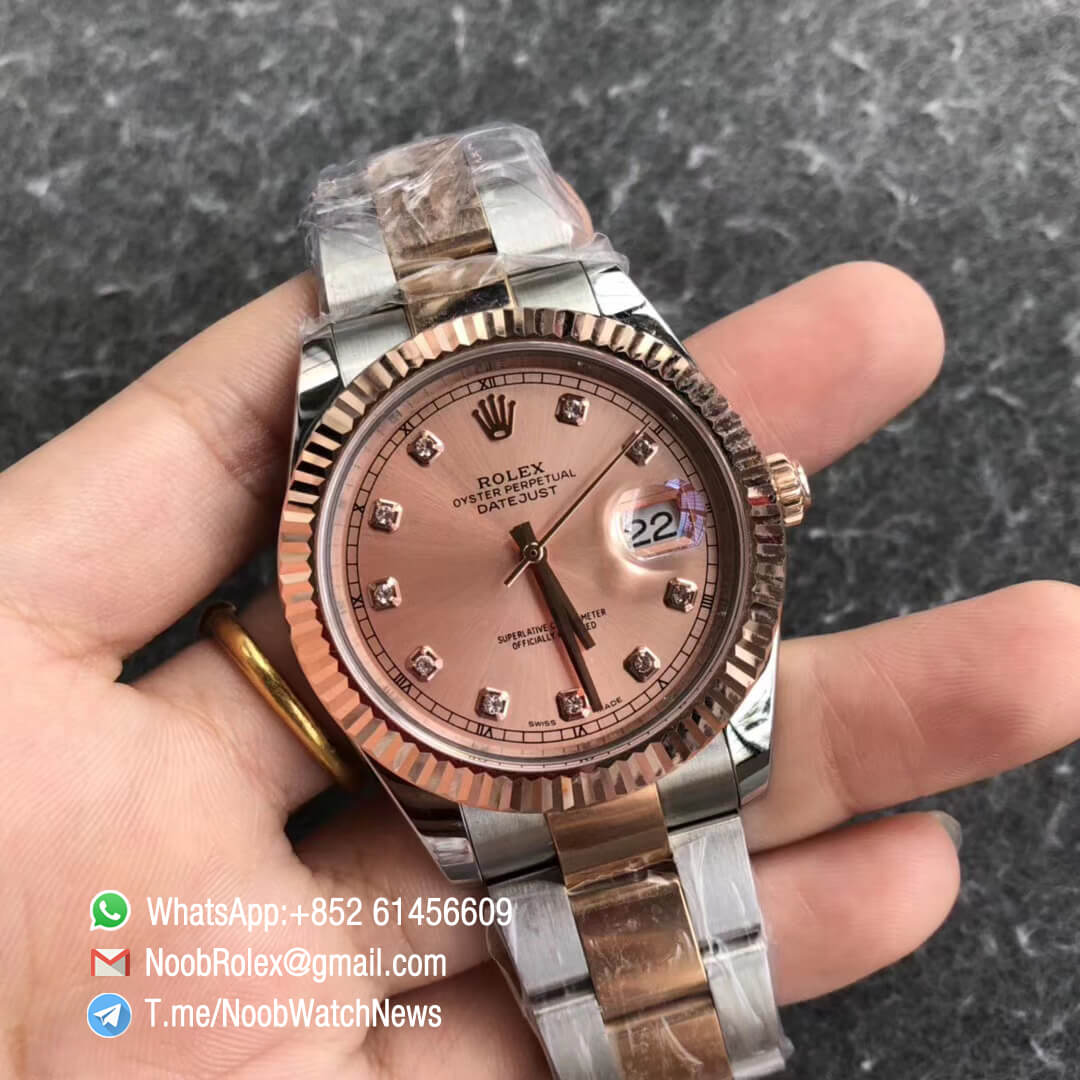 Noob Watch Time GMF SuperClone DateJust 126331 41mm Rose Gold Dial with Diamonds Indexes 18K Rose Gold Bezel Oystersteel and 18K Rose Gold Bracelet SA3235 02