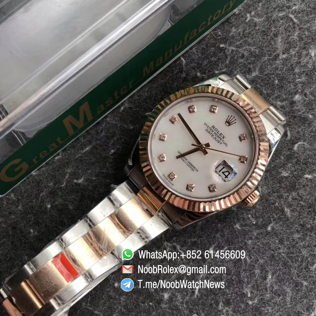 Noob Watch Time GMF SuperClone DateJust 126331 41mm White MOP Dial with Diamonds Indexes 18K Rose Gold Bezel Oystersteel and 18K Rose Gold Bracelet SA3235 04
