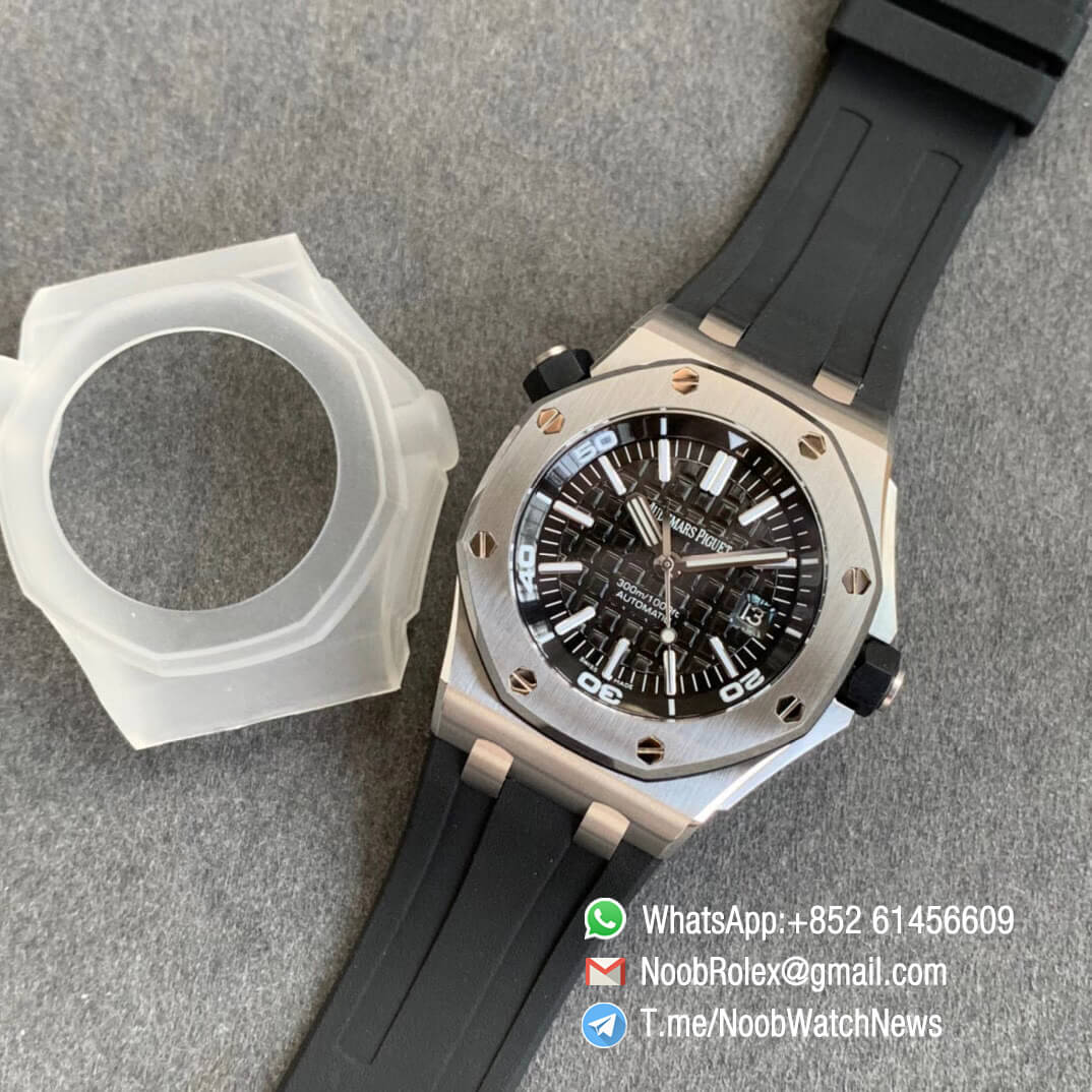 Noob Watch Time JF Best Replica Royal Oak Offshore Diver 15703 Solid Back Case Rubber Strap A2824 V10 09