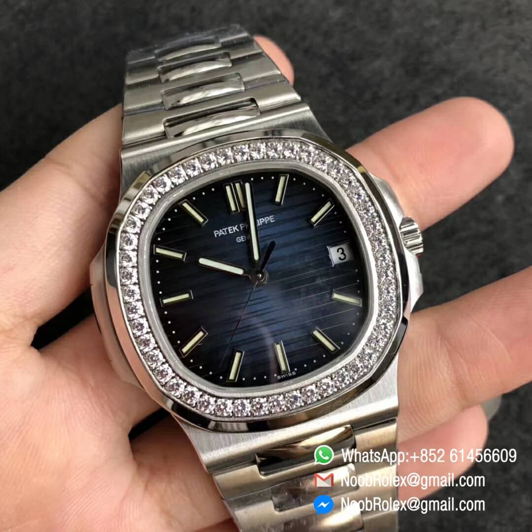 Noob Watch Time PPF V3 Best Fake Patek Philippe Nautilus 5711 Blue Dial Diamonds Bezel on Steel Bracelet 324CS 02