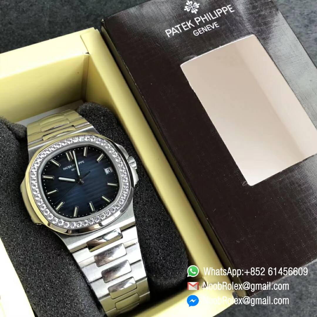 Noob Watch Time PPF V3 Best Fake Patek Philippe Nautilus 5711 Blue Dial Diamonds Bezel on Steel Bracelet 324CS 09