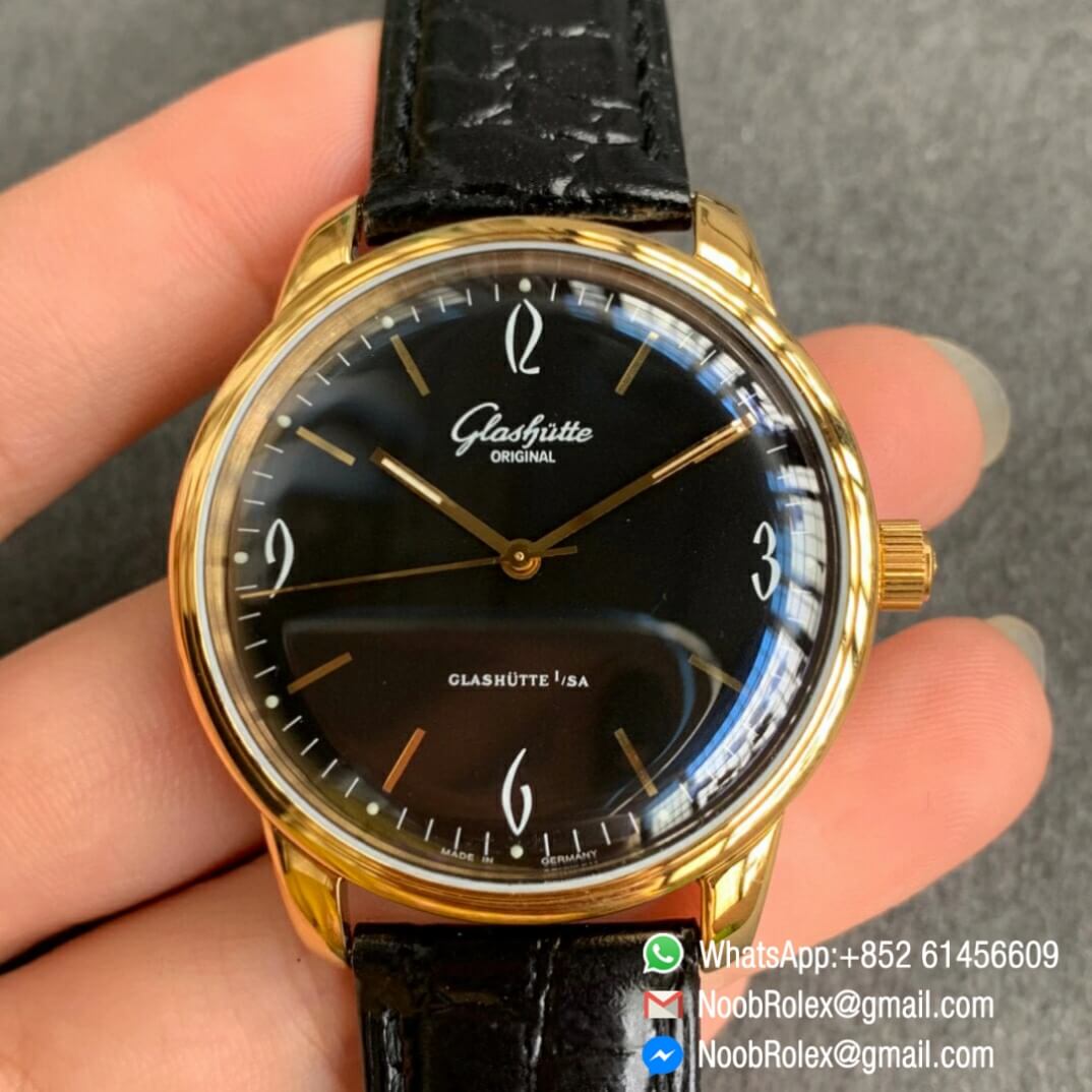 Noob Watch Time Superclone Glashutte Original Sixties Automatic Yellow Gold Case Black Dial on Black Leather Strap A3959 01