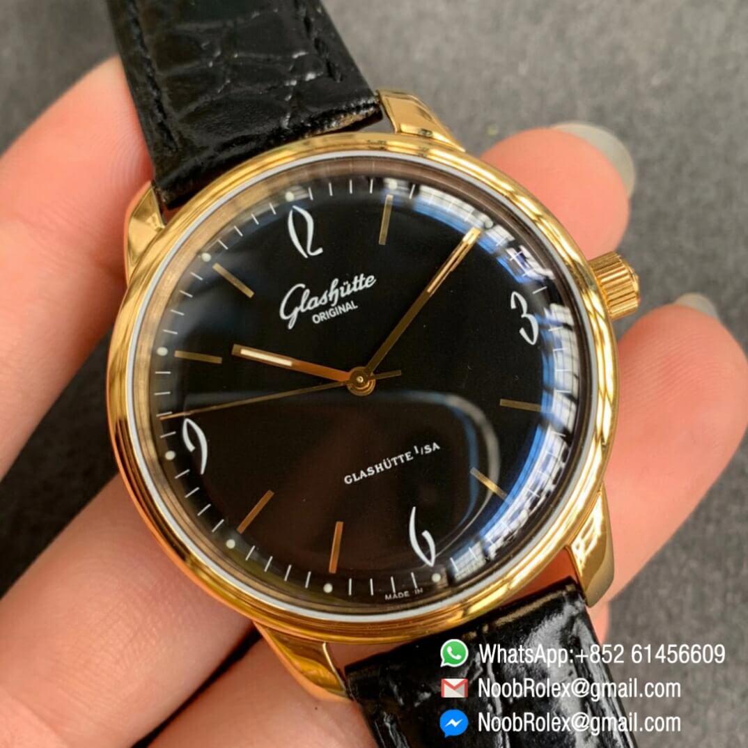 Noob Watch Time Superclone Glashutte Original Sixties Automatic Yellow Gold Case Black Dial on Black Leather Strap A3959 02
