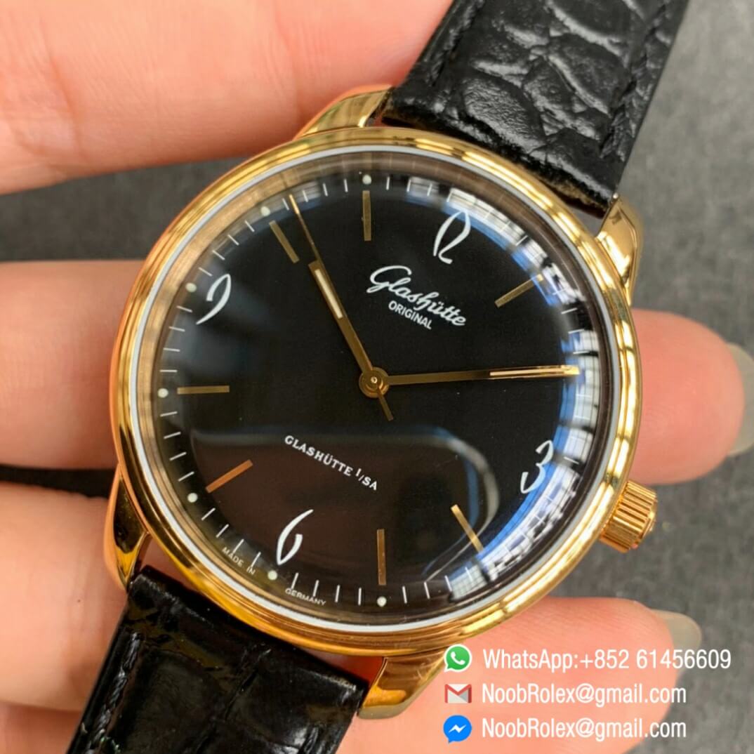 Noob Watch Time Superclone Glashutte Original Sixties Automatic Yellow Gold Case Black Dial on Black Leather Strap A3959 03
