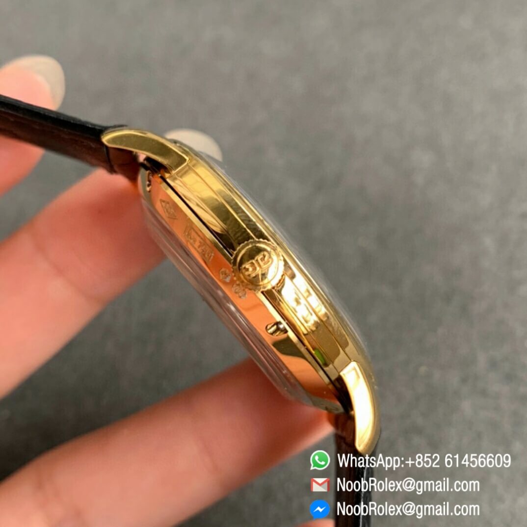 Noob Watch Time Superclone Glashutte Original Sixties Automatic Yellow Gold Case Black Dial on Black Leather Strap A3959 04