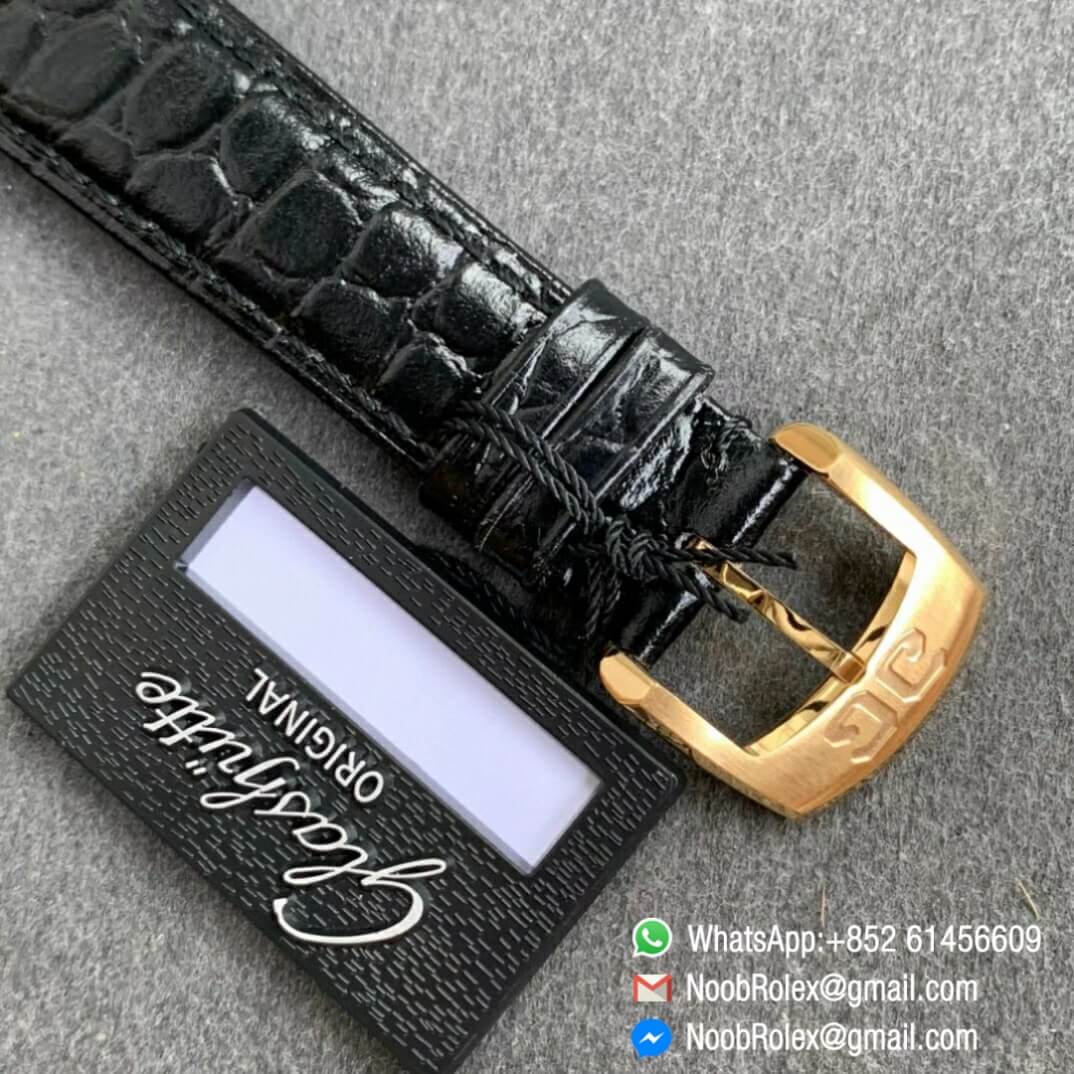 Noob Watch Time Superclone Glashutte Original Sixties Automatic Yellow Gold Case Black Dial on Black Leather Strap A3959 06