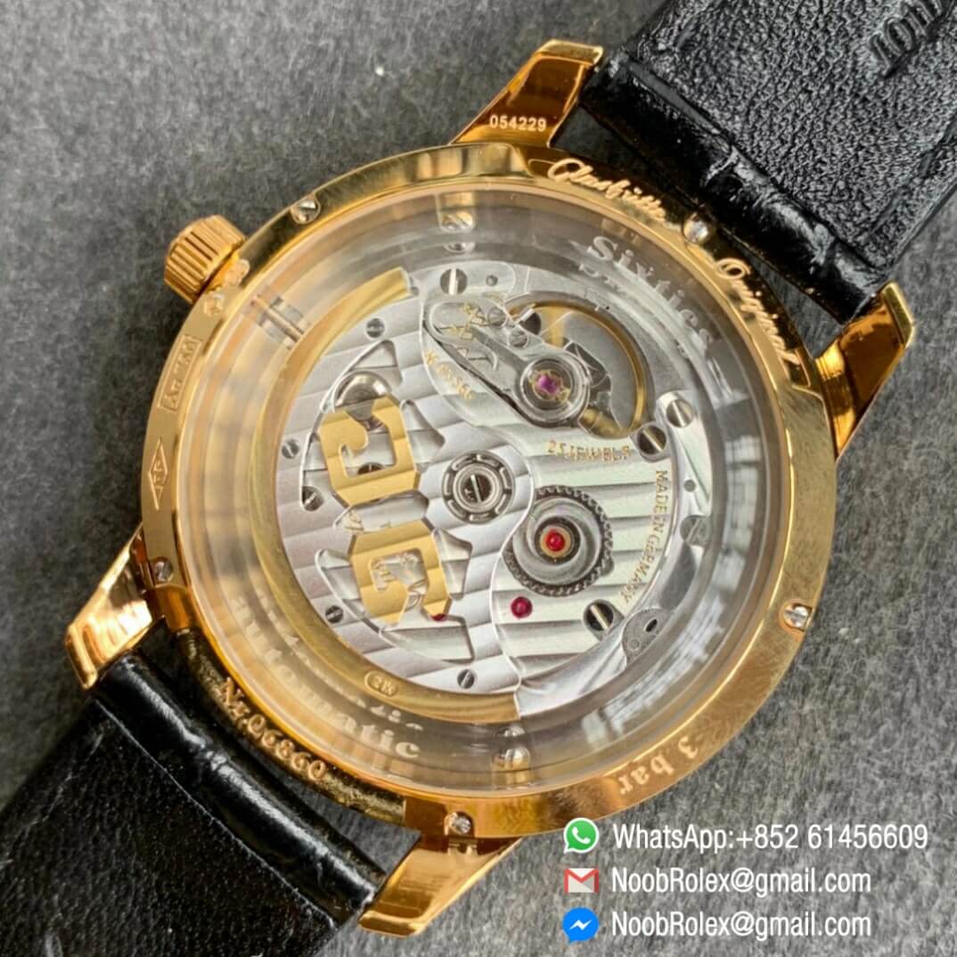 Noob Watch Time Superclone Glashutte Original Sixties Automatic Yellow Gold Case Black Dial on Black Leather Strap A3959 08