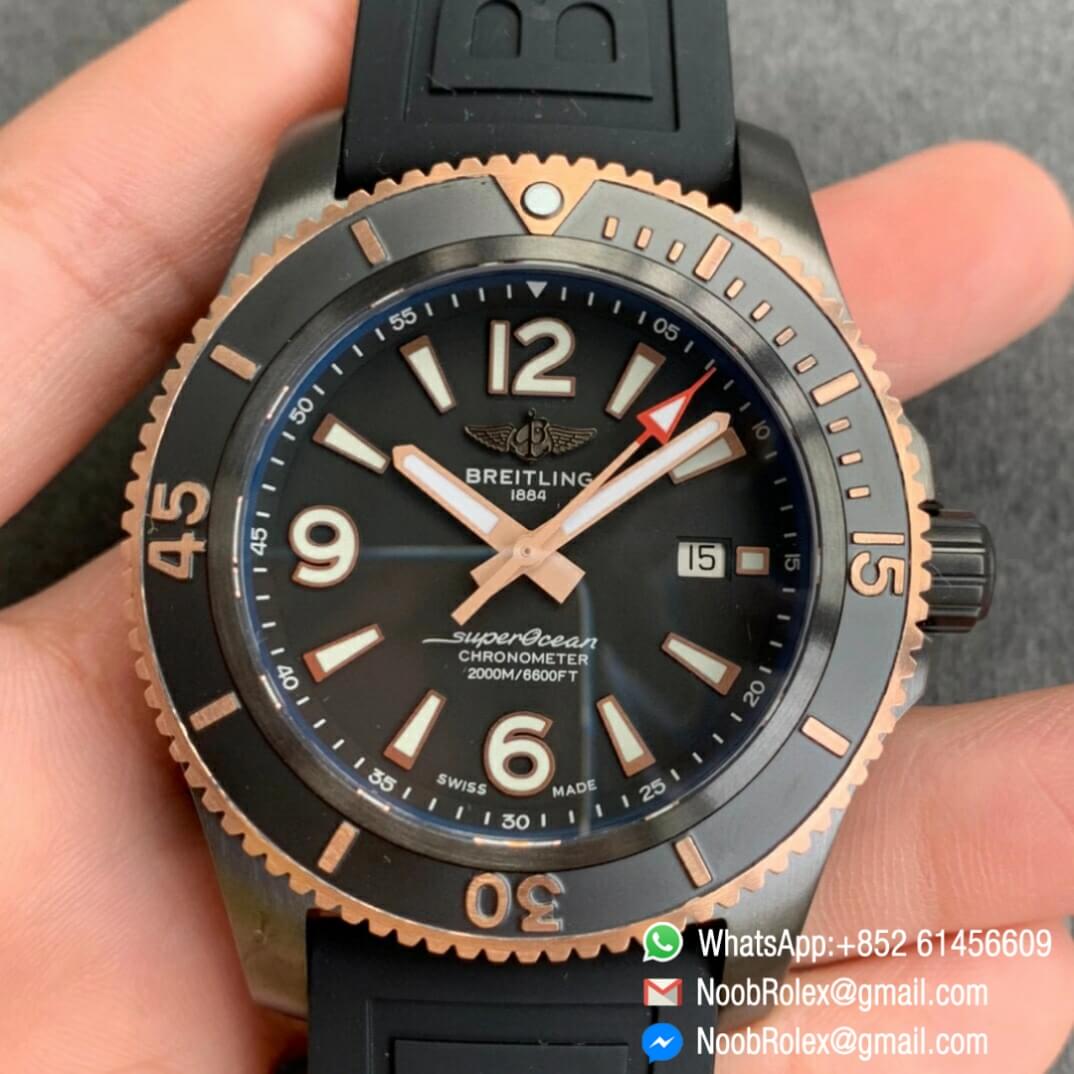 Noob Watch Time TF Best Replica Swiss Watch Breitling Superocean 44mm Black Dial DLC Black Steel Case Rose Gold Bezel Rubber Strap 01