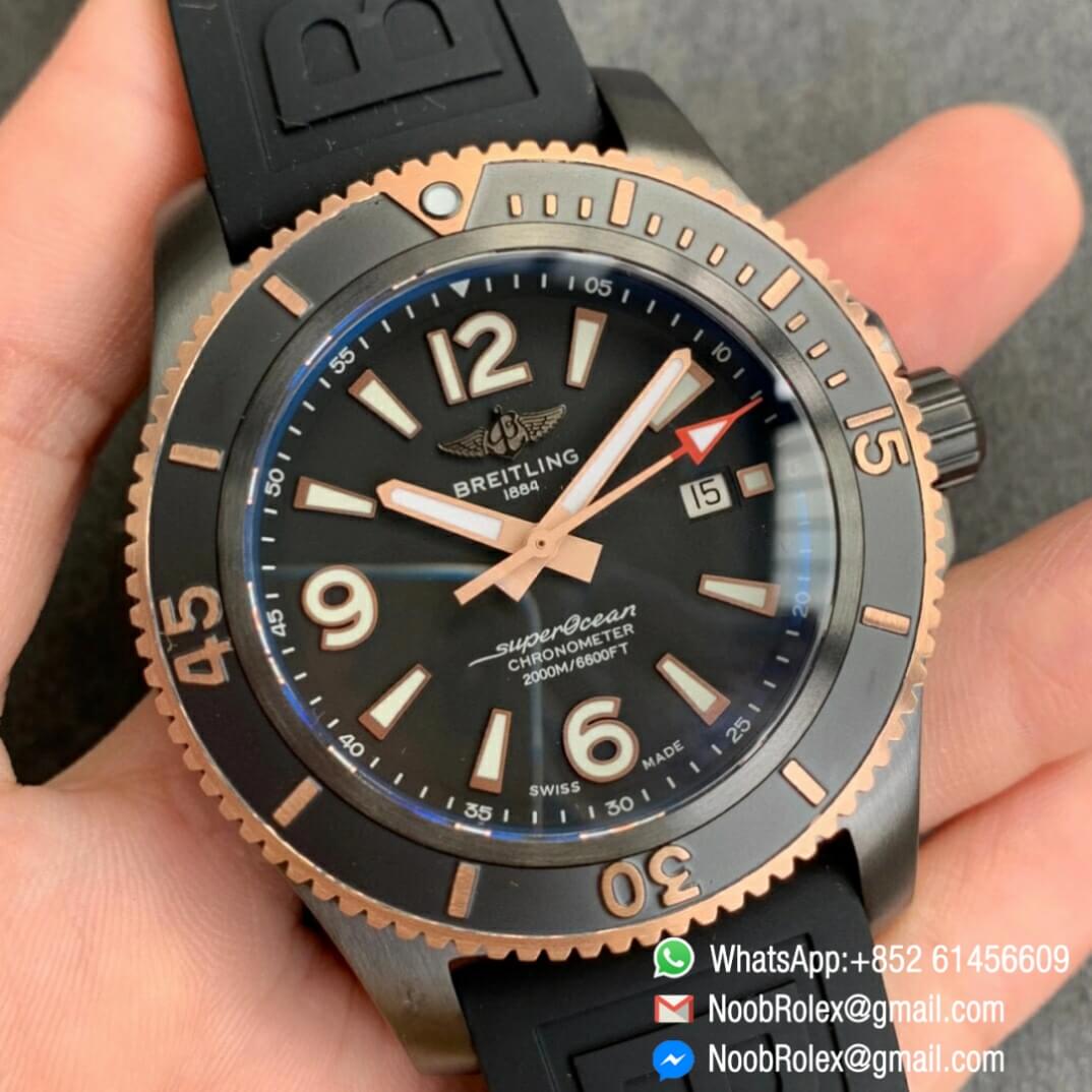Noob Watch Time TF Best Replica Swiss Watch Breitling Superocean 44mm Black Dial DLC Black Steel Case Rose Gold Bezel Rubber Strap 02
