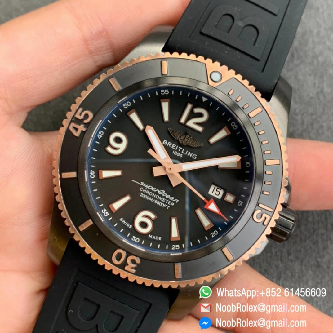 Noob Watch Time TF Best Replica Swiss Watch Breitling Superocean 44mm Black Dial DLC Black Steel Case Rose Gold Bezel Rubber Strap 03