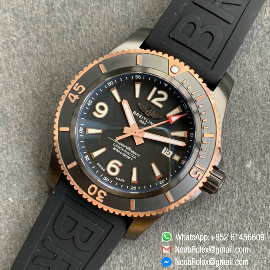Noob Watch Time TF Best Replica Swiss Watch Breitling Superocean 44mm Black Dial DLC Black Steel Case Rose Gold Bezel Rubber Strap 09