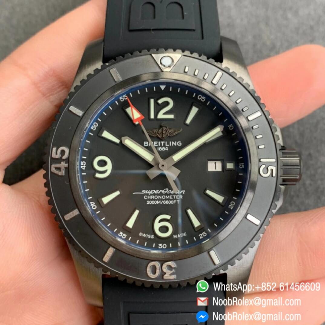 Noob Watch Time TF Best Replica Swiss Watch Breitling Superocean 44mm Black Dial DLC Black Steel Case Rubber Strap 01