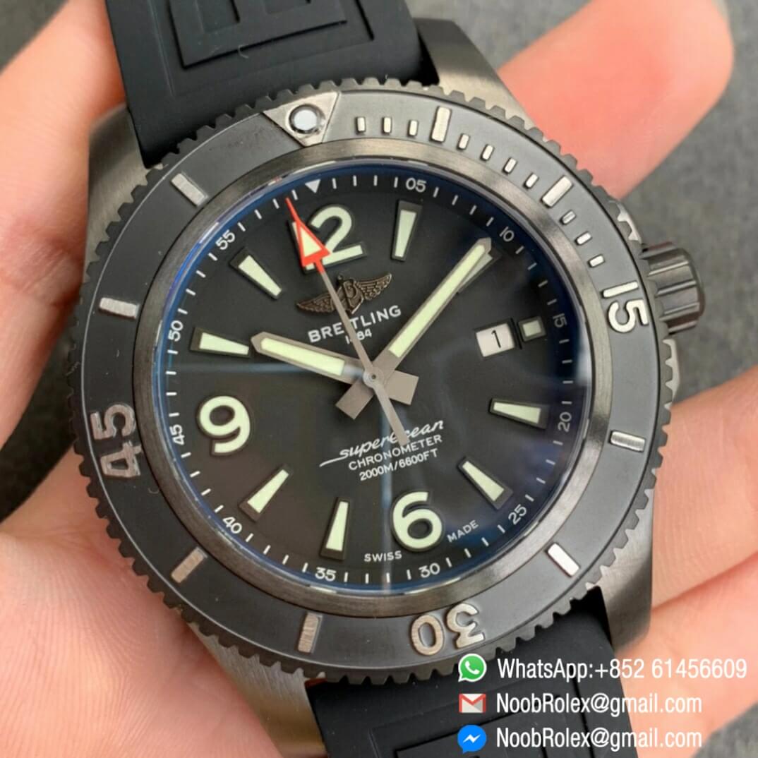 Noob Watch Time TF Best Replica Swiss Watch Breitling Superocean 44mm Black Dial DLC Black Steel Case Rubber Strap 02