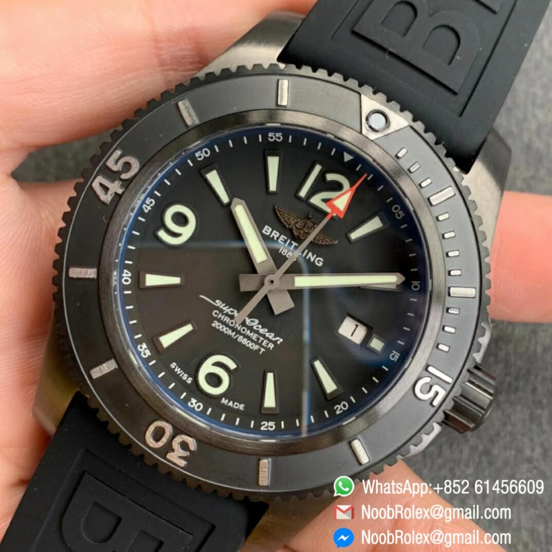 Noob Watch Time TF Best Replica Swiss Watch Breitling Superocean 44mm Black Dial DLC Black Steel Case Rubber Strap 03