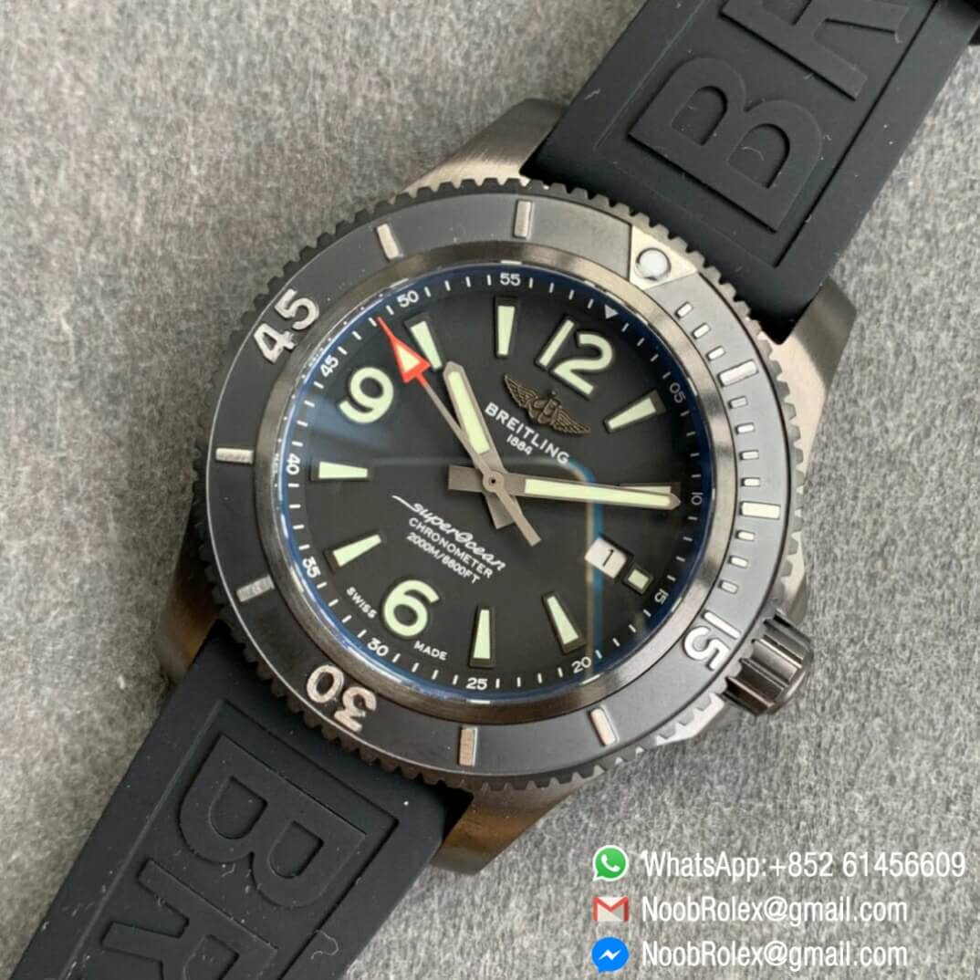 Noob Watch Time TF Best Replica Swiss Watch Breitling Superocean 44mm Black Dial DLC Black Steel Case Rubber Strap 09