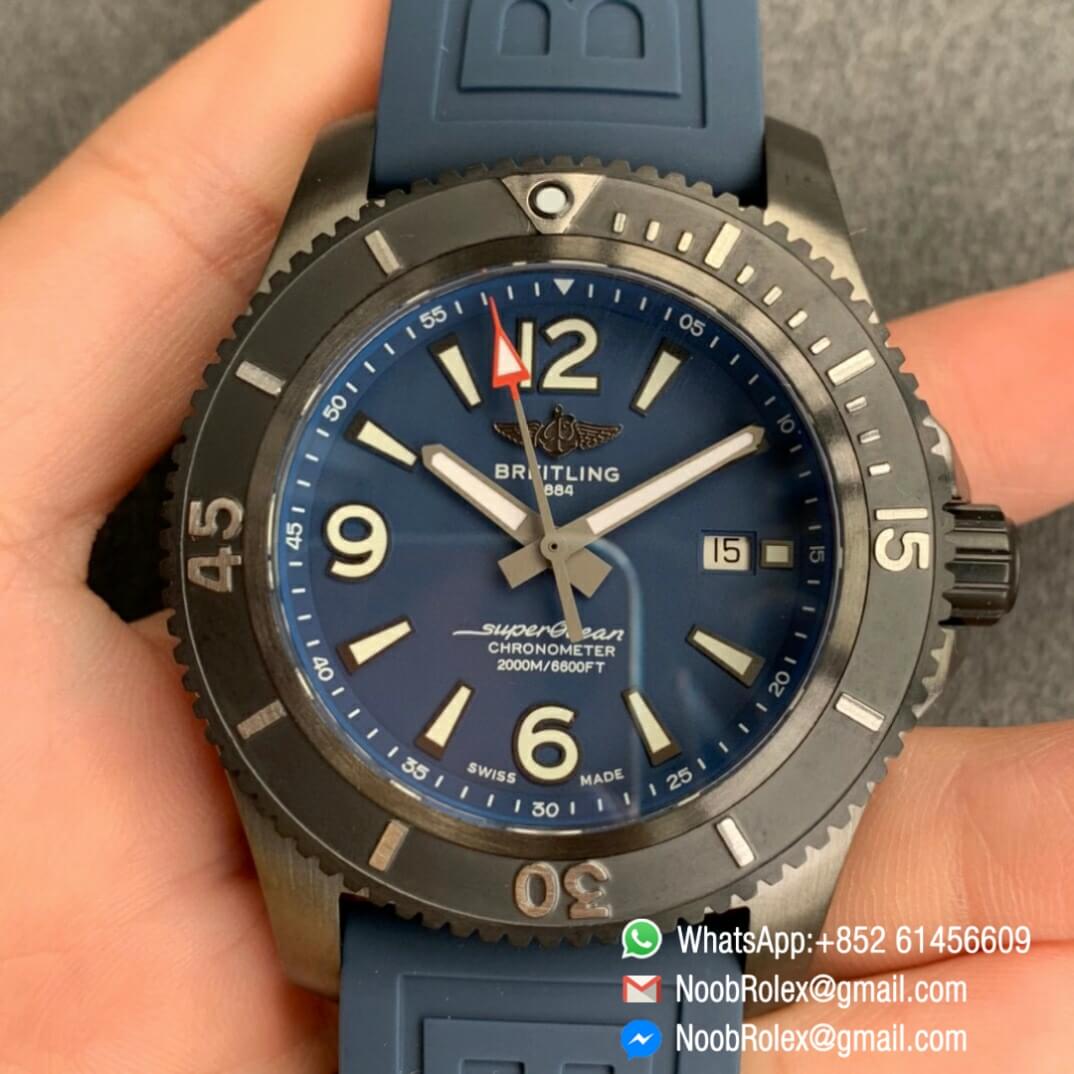 Noob Watch Time TF Best Replica Swiss Watch Breitling Superocean 44mm Blue Dial DLC Black Steel Case Blue Rubber Strap 01