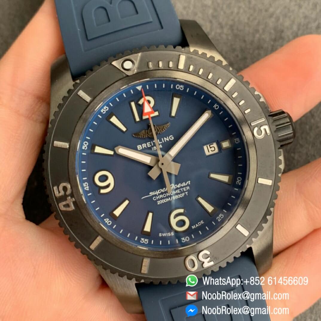 Noob Watch Time TF Best Replica Swiss Watch Breitling Superocean 44mm Blue Dial DLC Black Steel Case Blue Rubber Strap 02