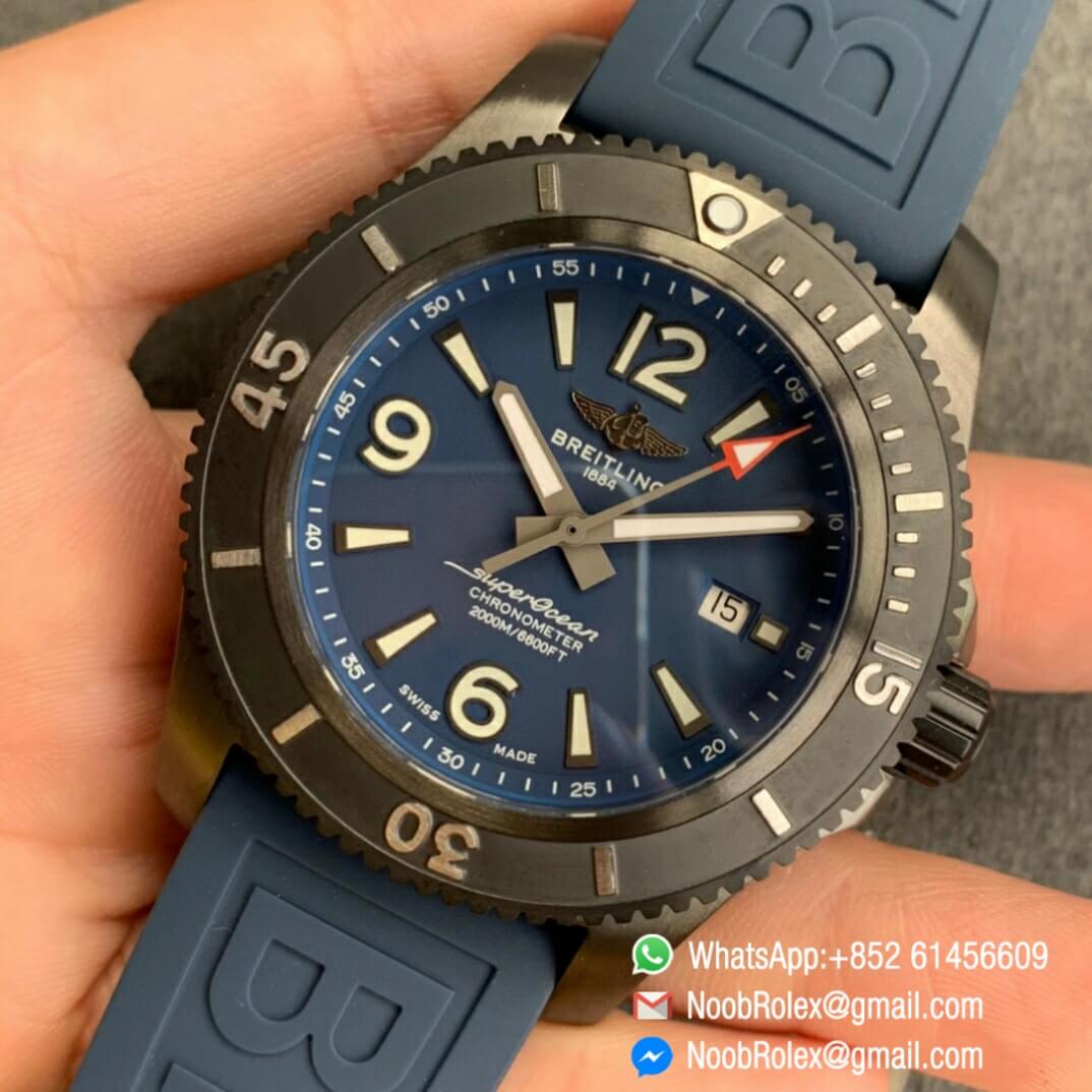 Noob Watch Time TF Best Replica Swiss Watch Breitling Superocean 44mm Blue Dial DLC Black Steel Case Blue Rubber Strap 03