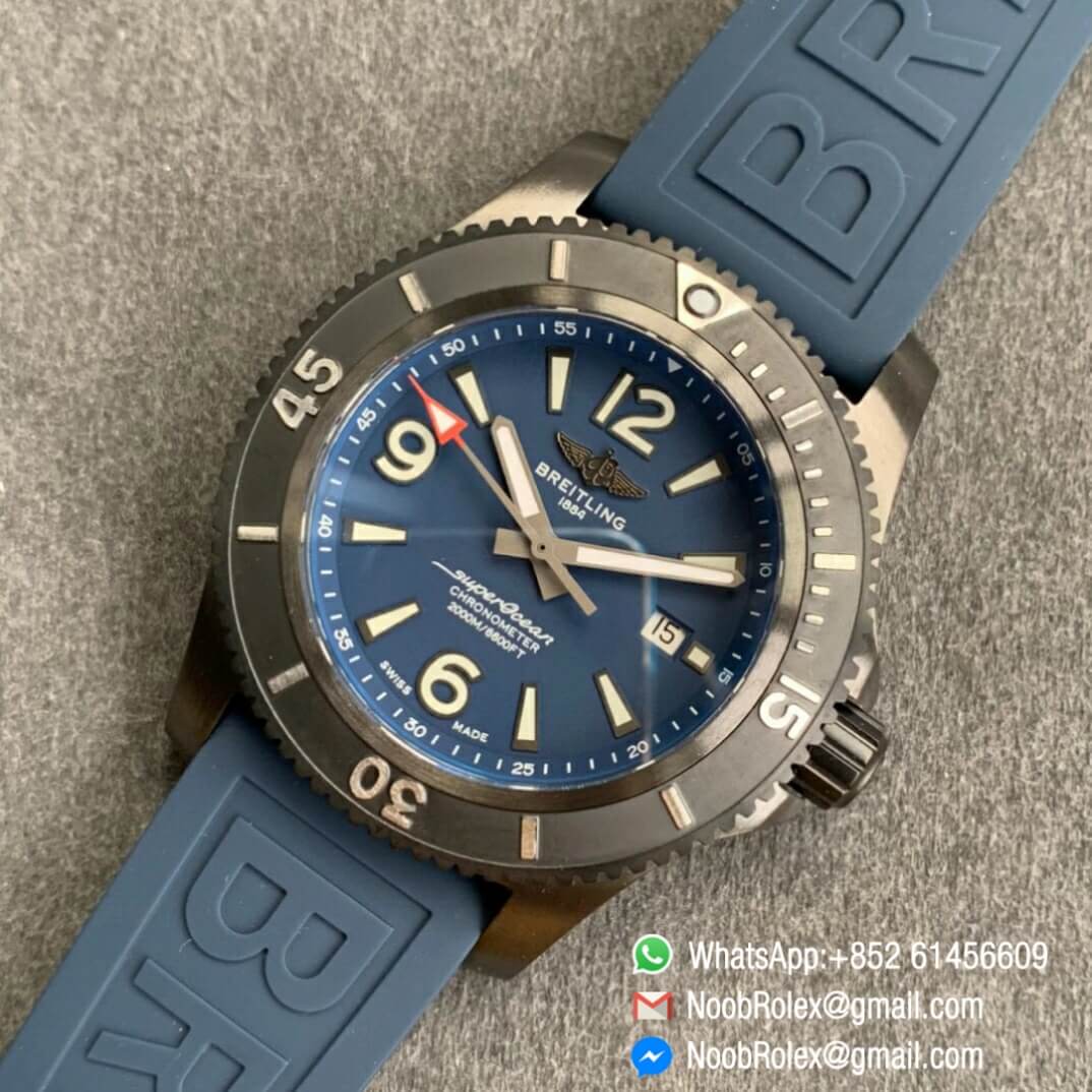 Noob Watch Time TF Best Replica Swiss Watch Breitling Superocean 44mm Blue Dial DLC Black Steel Case Blue Rubber Strap 09