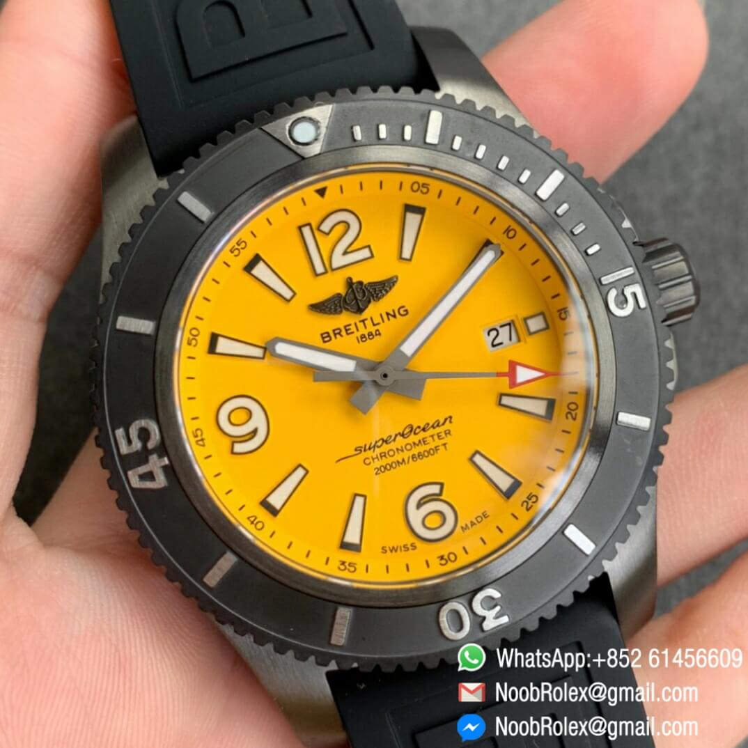 Noob Watch Time TF Best Replica Swiss Watch Breitling Superocean 44mm Yellow Dial DLC Black Steel Case Rubber Strap 02