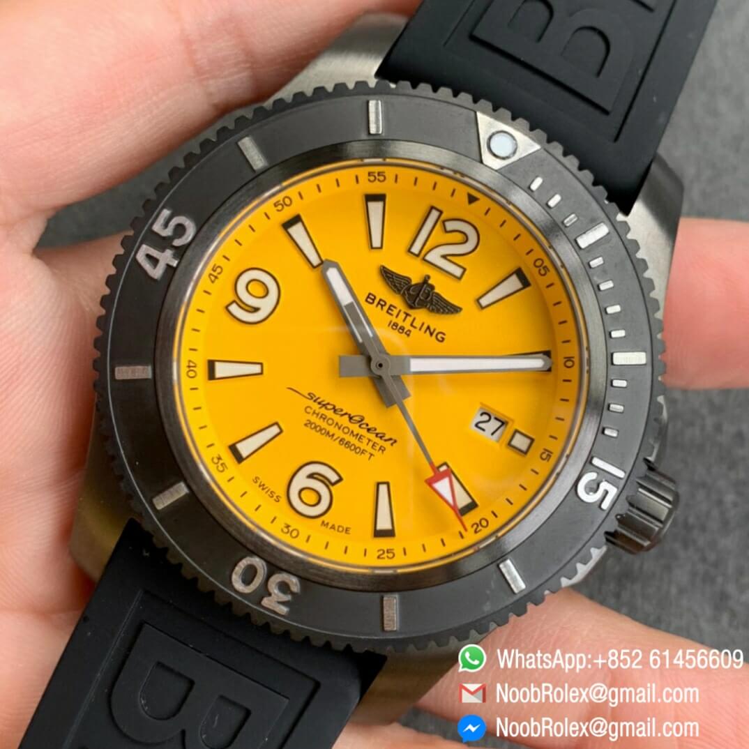 Noob Watch Time TF Best Replica Swiss Watch Breitling Superocean 44mm Yellow Dial DLC Black Steel Case Rubber Strap 03