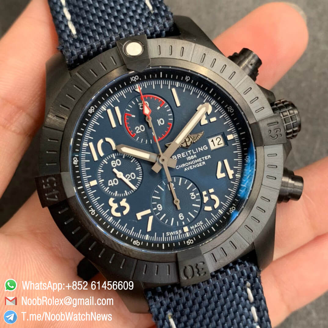 Noob Watch Time V9F Super Clone Breitling Avenger Bandit Chrono Blue Dial Titanium Case Blue Nylon Strap A7750 02