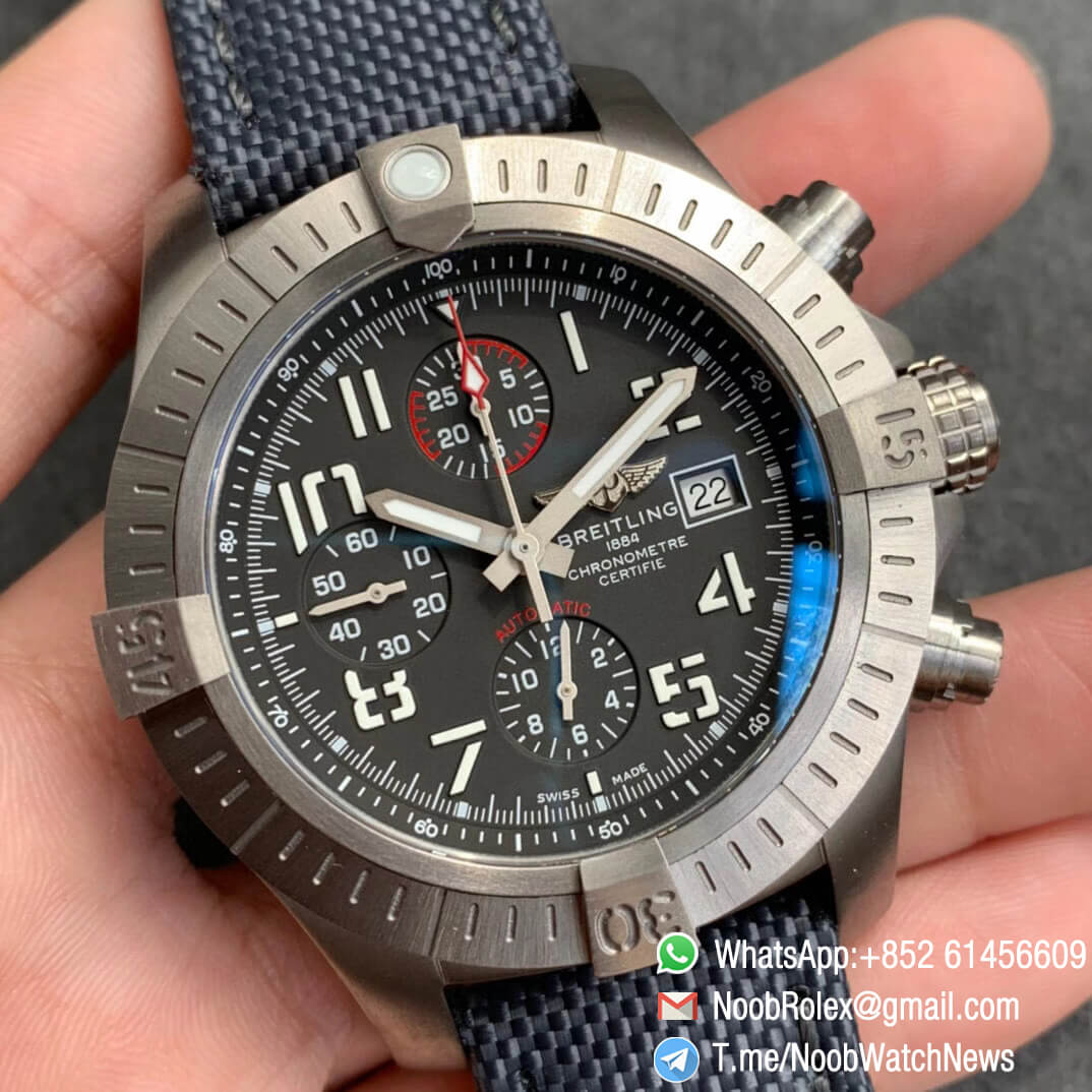 Noob Watch Time V9F Top Quality Fake Breitling Avenger Bandit Chrono Grey Dial Titanium Case Black Nylon Strap A7750 02