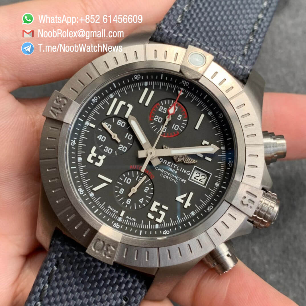 Noob Watch Time V9F Top Quality Fake Breitling Avenger Bandit Chrono Grey Dial Titanium Case Black Nylon Strap A7750 03