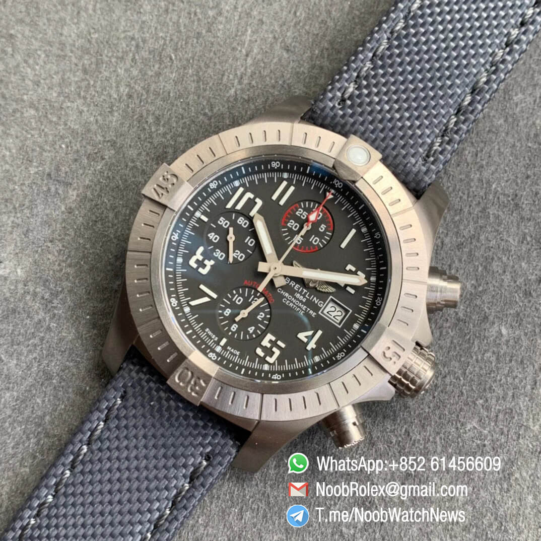 Noob Watch Time V9F Top Quality Fake Breitling Avenger Bandit Chrono Grey Dial Titanium Case Black Nylon Strap A7750 09