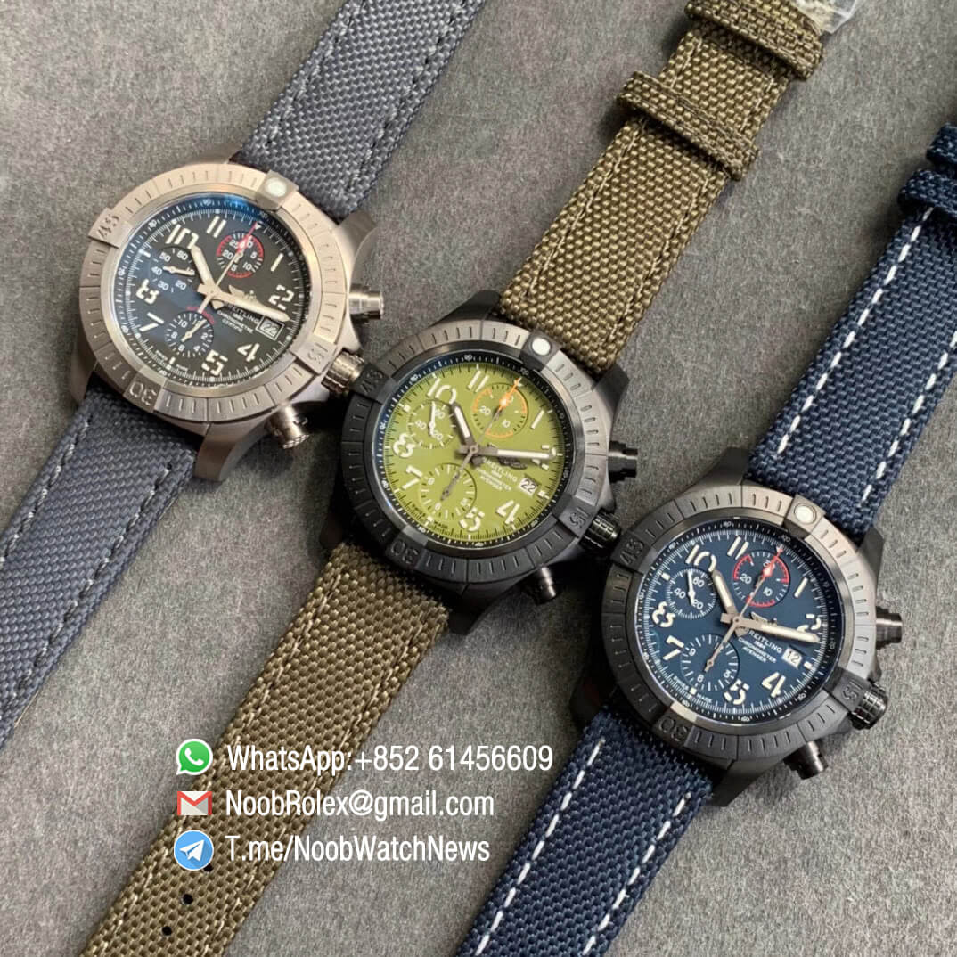 Noob Watch Time V9F Top Quality Fake Breitling Avenger Bandit Chrono Grey Dial Titanium Case Black Nylon Strap A7750 10