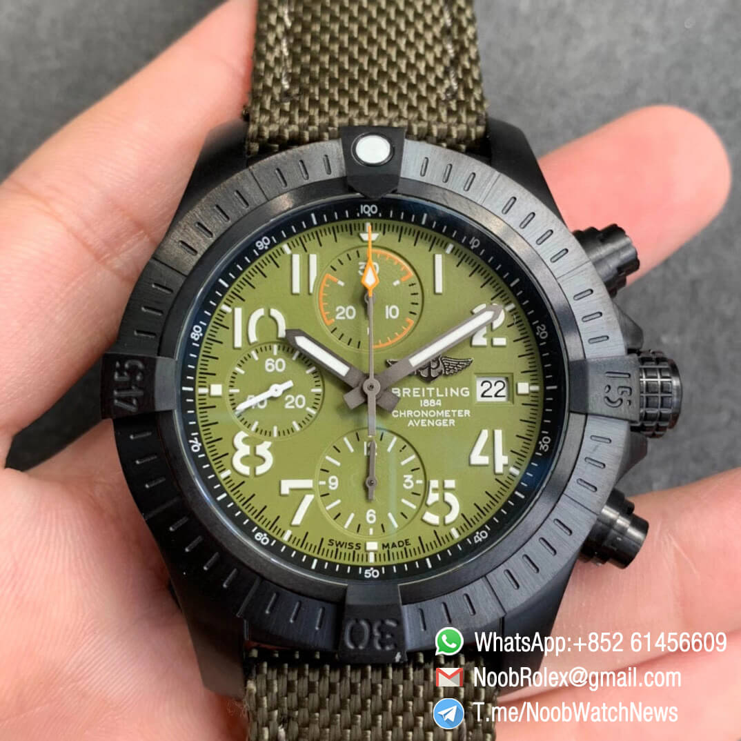 Noob Watch Time V9F Top Quality Replica Breitling Avenger Bandit Chrono Green Dial Titanium Case Green Nylon Strap A7750 01
