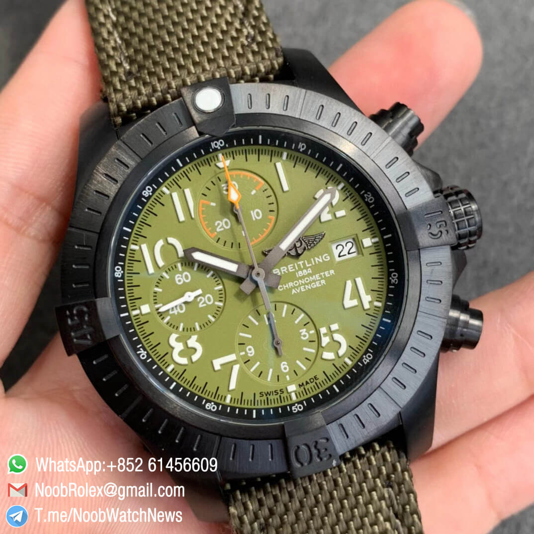 Noob Watch Time V9F Top Quality Replica Breitling Avenger Bandit Chrono Green Dial Titanium Case Green Nylon Strap A7750 02