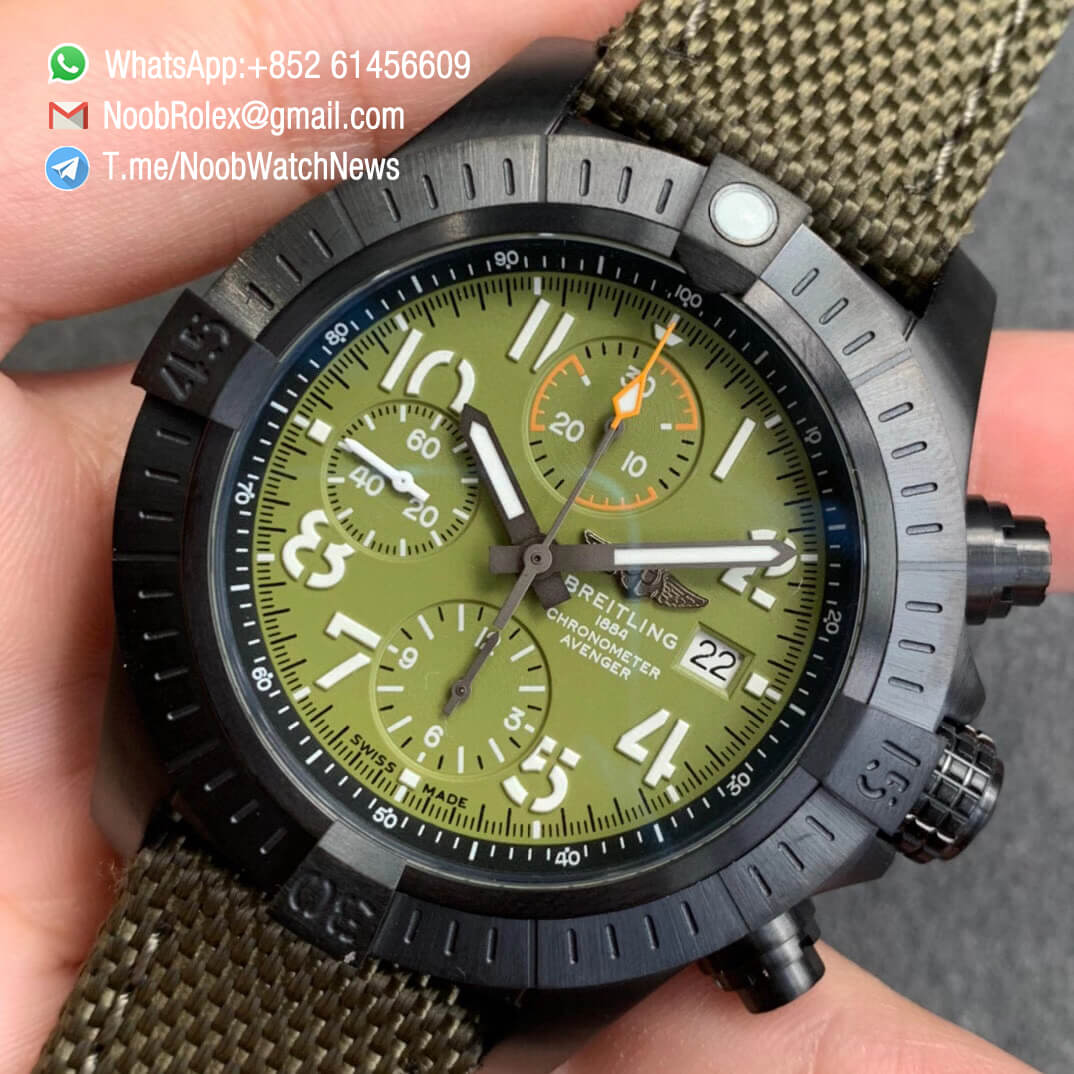 Noob Watch Time V9F Top Quality Replica Breitling Avenger Bandit Chrono Green Dial Titanium Case Green Nylon Strap A7750 03