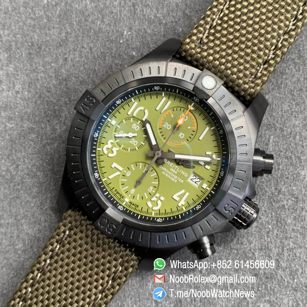 Noob Watch Time V9F Top Quality Replica Breitling Avenger Bandit Chrono Green Dial Titanium Case Green Nylon Strap A7750 09
