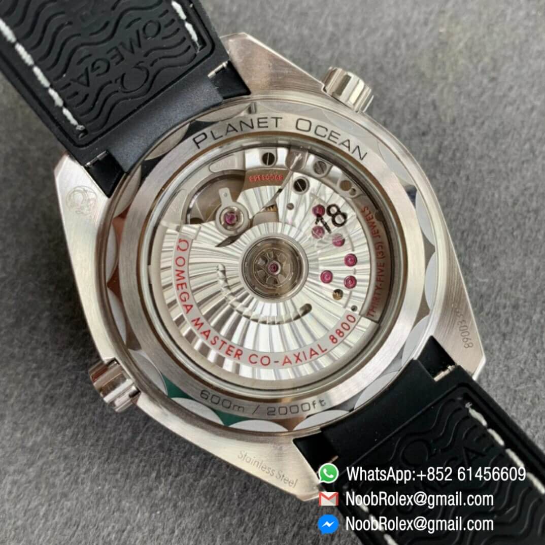 Noob Watch Time VSF Seamaster Planet Ocean 600m Steel Case Black Dial Black Ceramic Bezel on Black Leather Strap A8800 08