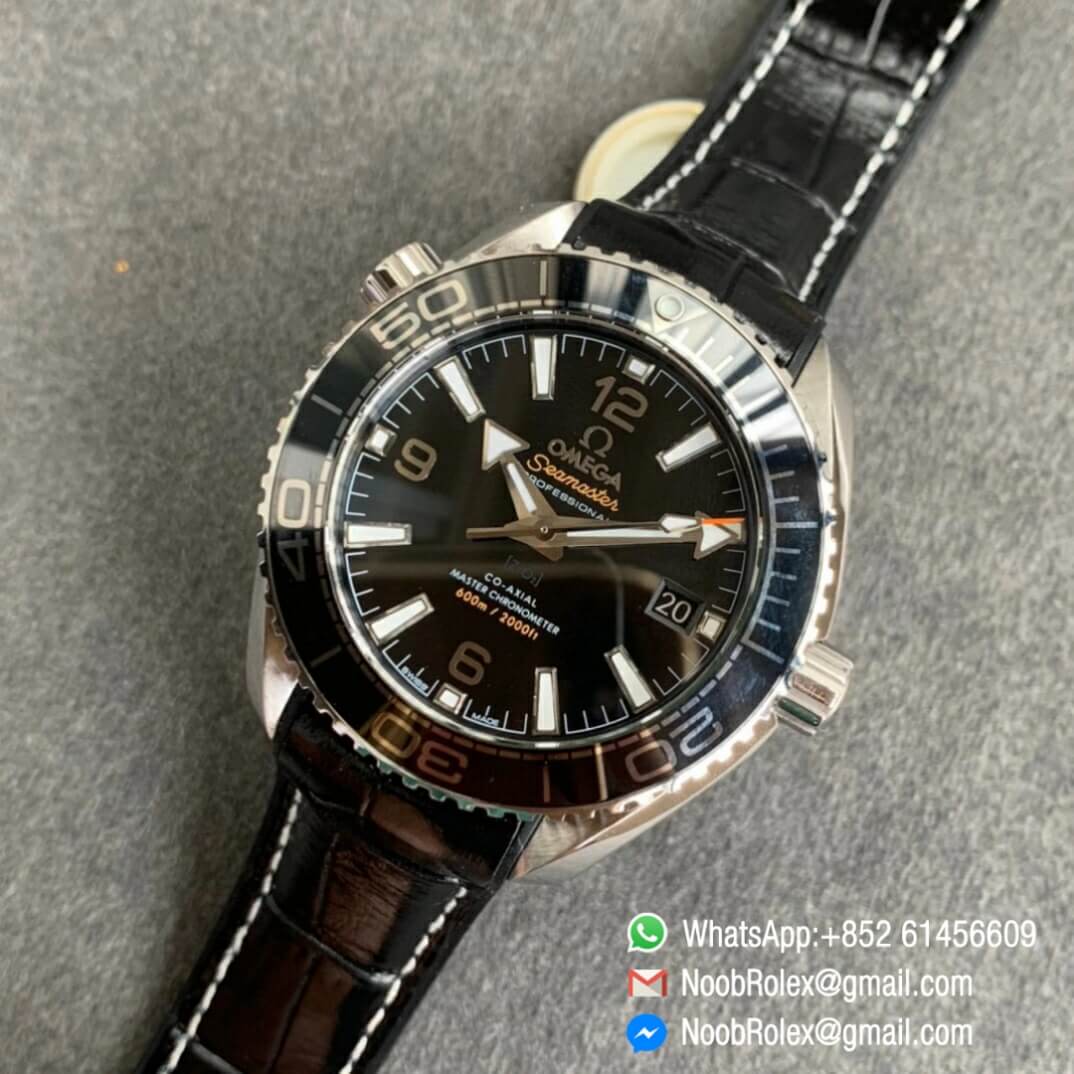 Noob Watch Time VSF Seamaster Planet Ocean 600m Steel Case Black Dial Black Ceramic Bezel on Black Leather Strap A8800 09