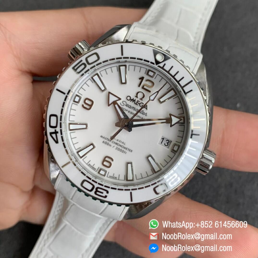 Noob Watch Time VSF Seamaster Planet Ocean Steel Case White Dial White Bezel on White Leather Strap A8800 03