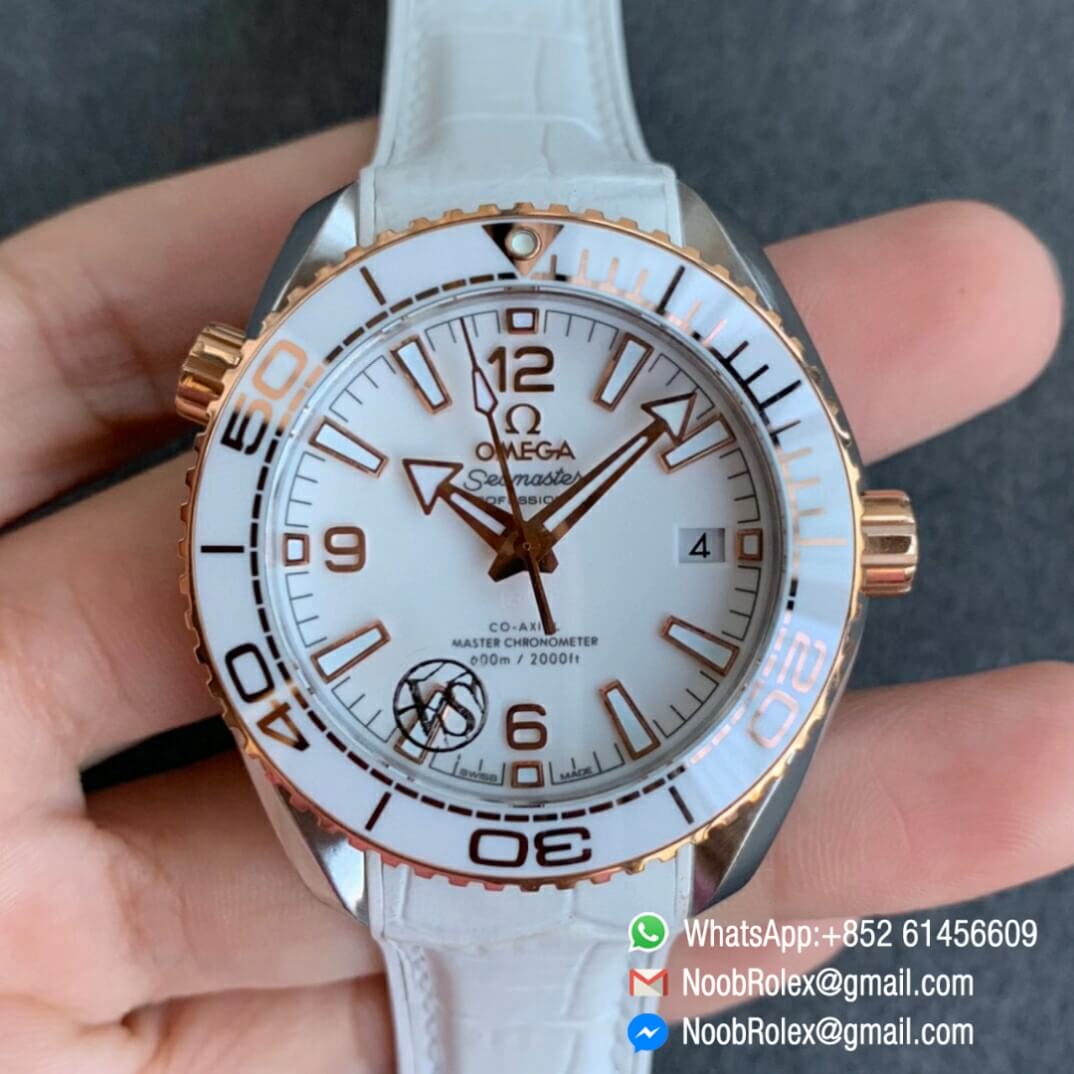Noob Watch Time VSF Seamaster Planet Ocean Steel Rose Gold Case White Dial on White Leather Strap A8800 01