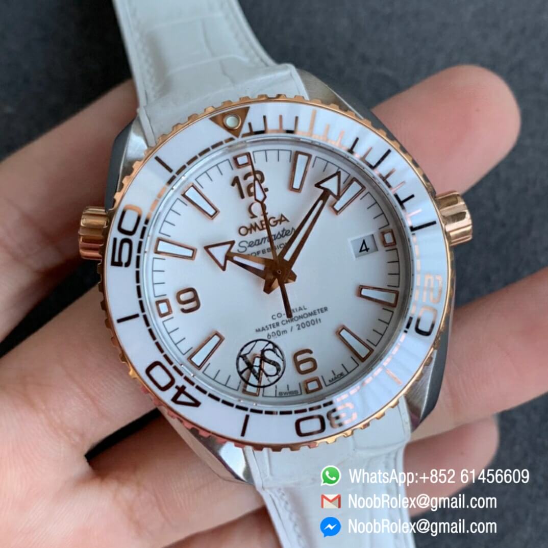 Noob Watch Time VSF Seamaster Planet Ocean Steel Rose Gold Case White Dial on White Leather Strap A8800 02