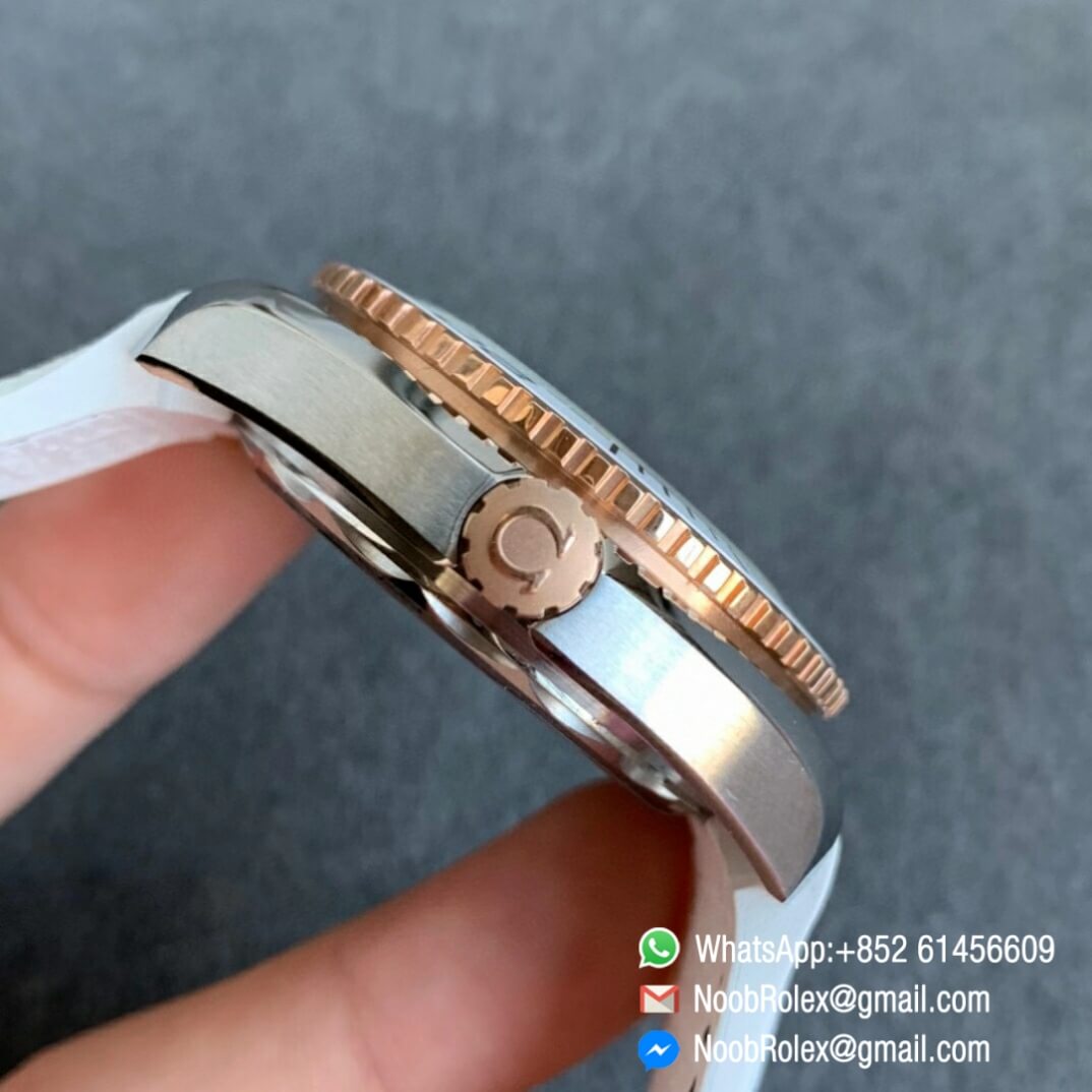 Noob Watch Time VSF Seamaster Planet Ocean Steel Rose Gold Case White Dial on White Leather Strap A8800 04
