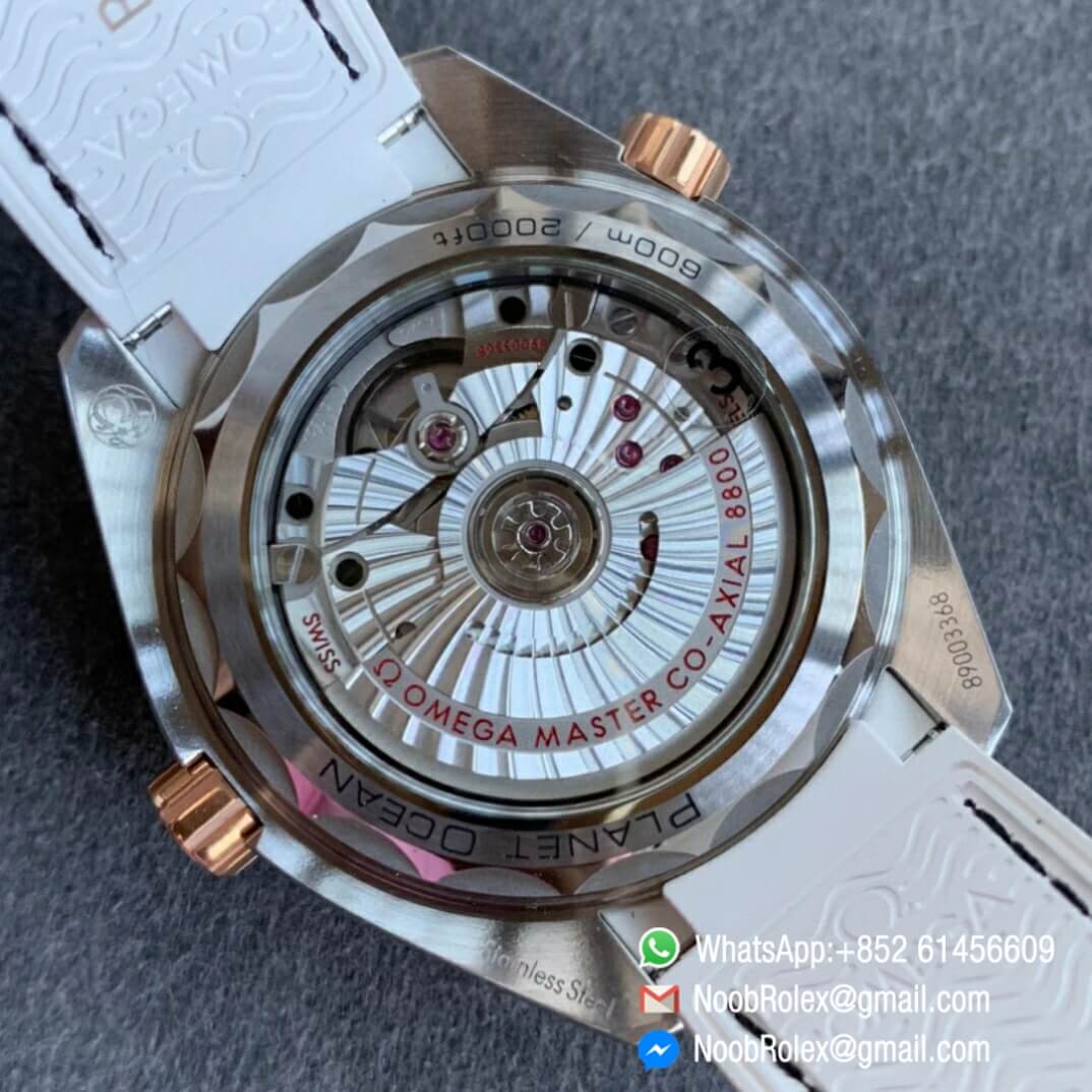 Noob Watch Time VSF Seamaster Planet Ocean Steel Rose Gold Case White Dial on White Leather Strap A8800 08