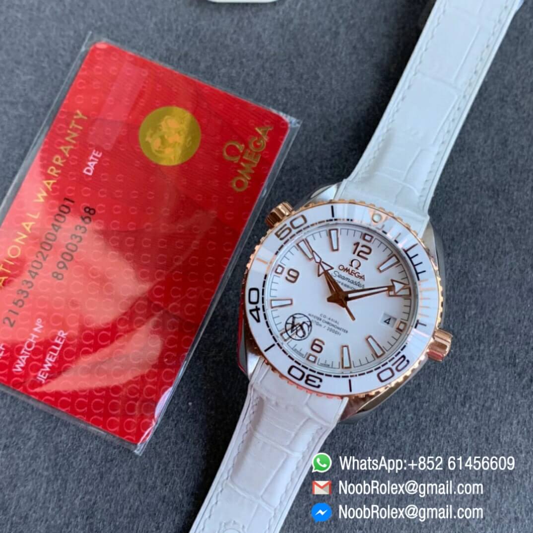 Noob Watch Time VSF Seamaster Planet Ocean Steel Rose Gold Case White Dial on White Leather Strap A8800 09
